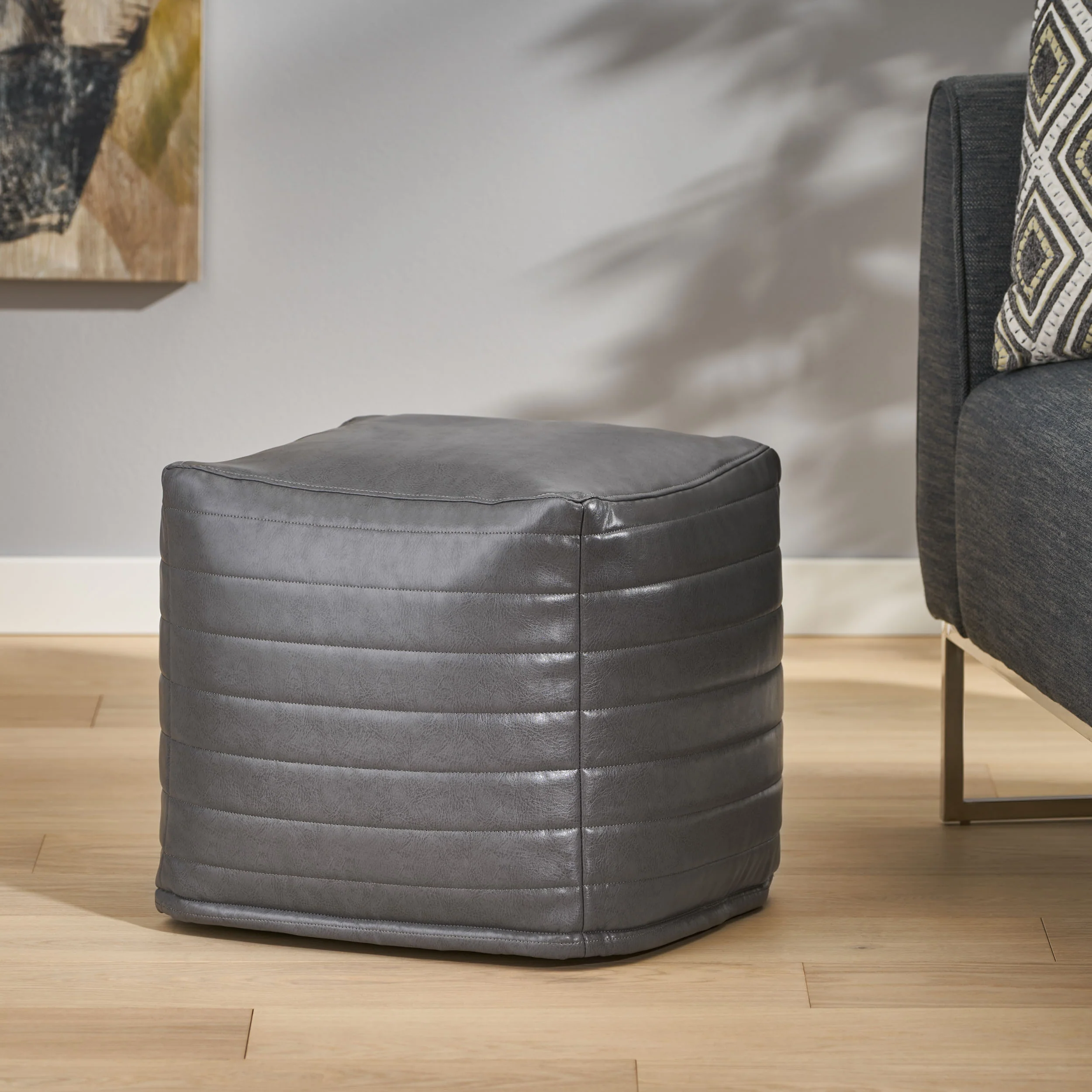 Conrail Contemporary Faux Leather Channel Stitch Pouf - furnishings