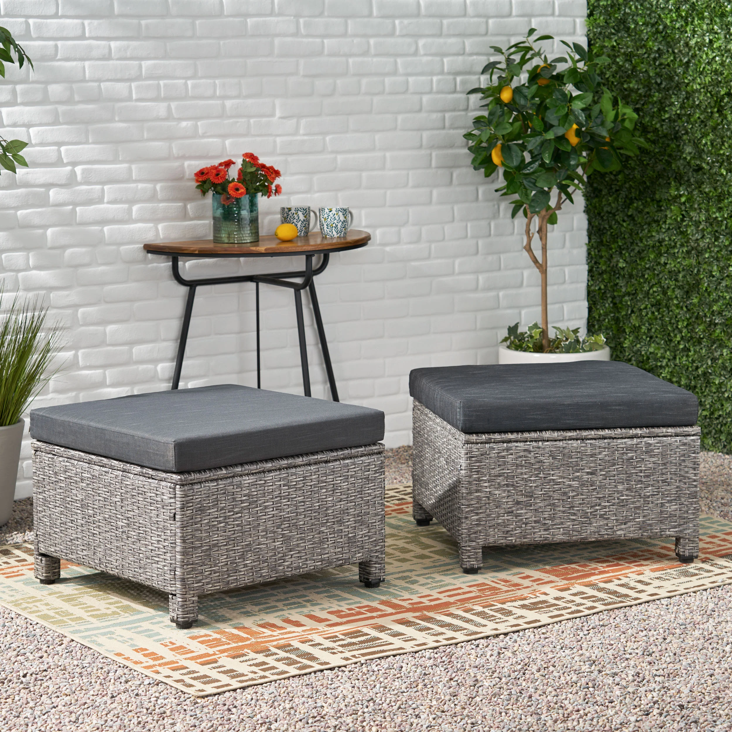Venice Outdoor Wicker Ottoman with Cushion, Set of 2 - furnishings