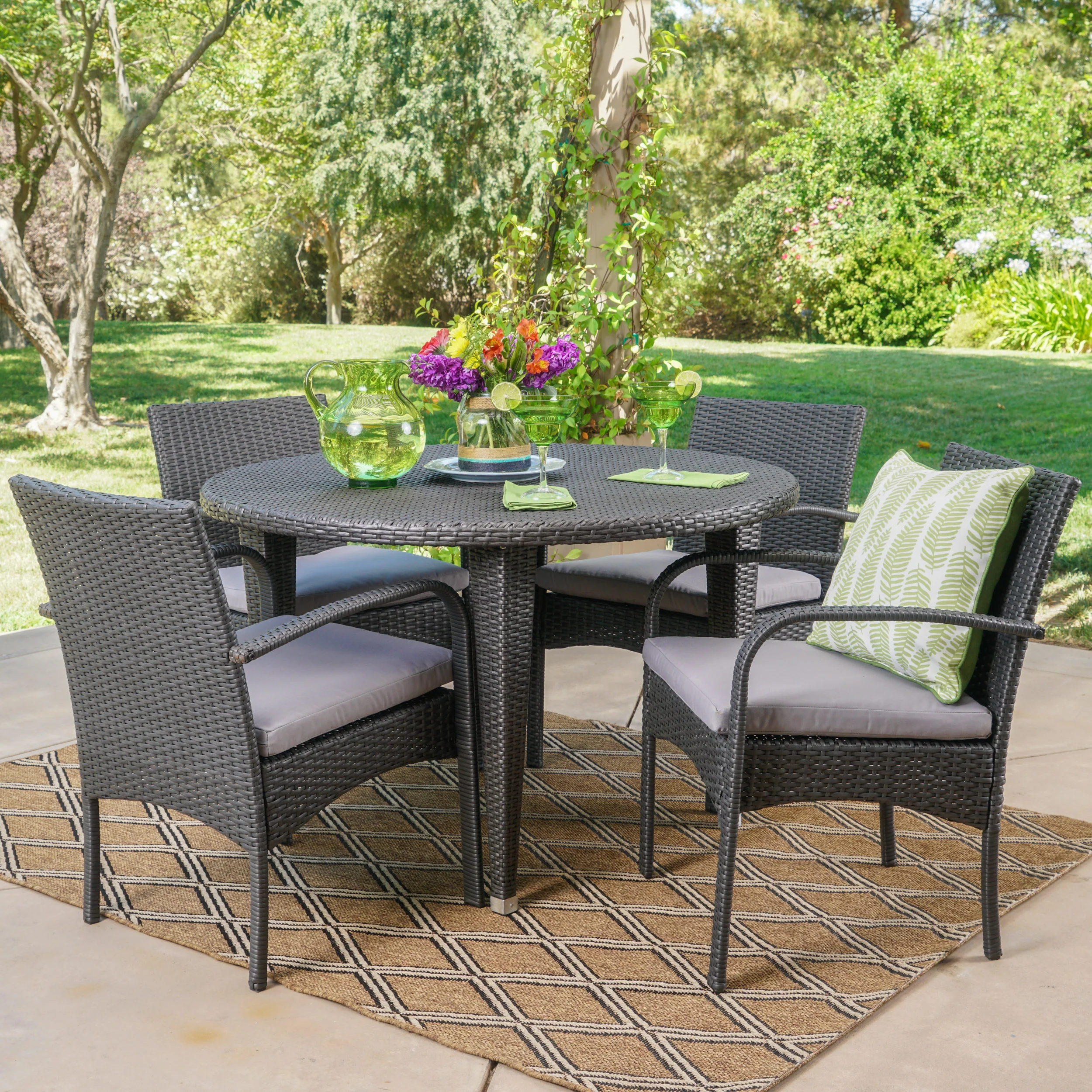 Maloa Outdoor 5 Piece Wicker Circular Dining Set with Water Resistant Cushions - furnishings