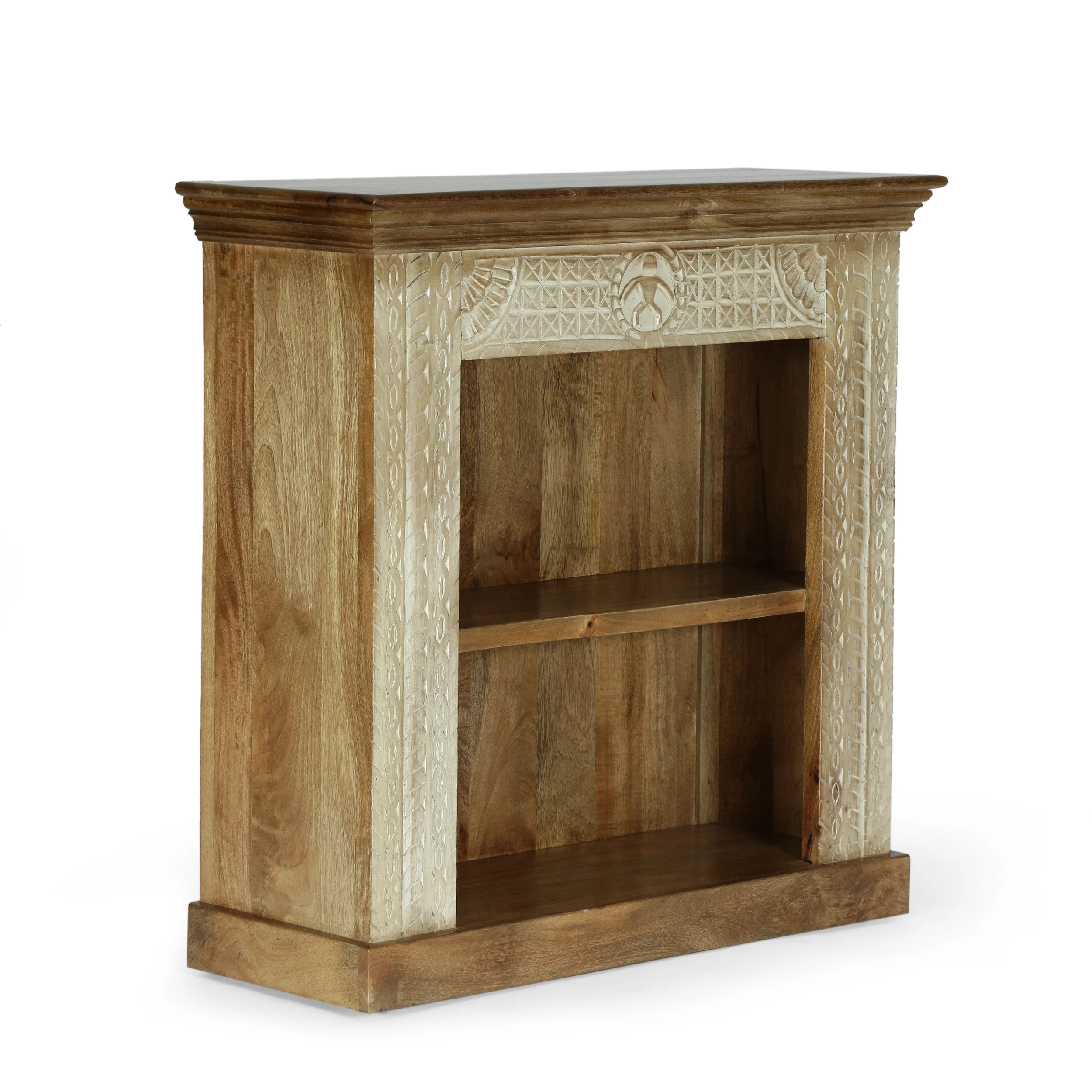 Toccoa Boho Handcrafted Mango Wood Bookcase, Walnut and Distressed White - furnishings