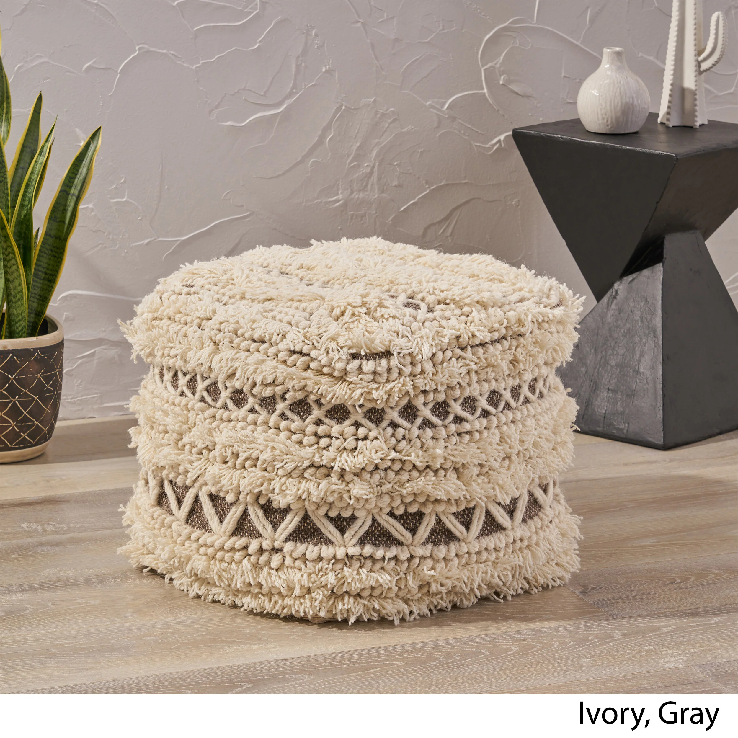 Korey Boho Wool and Cotton Ottoman Pouf - furnishings