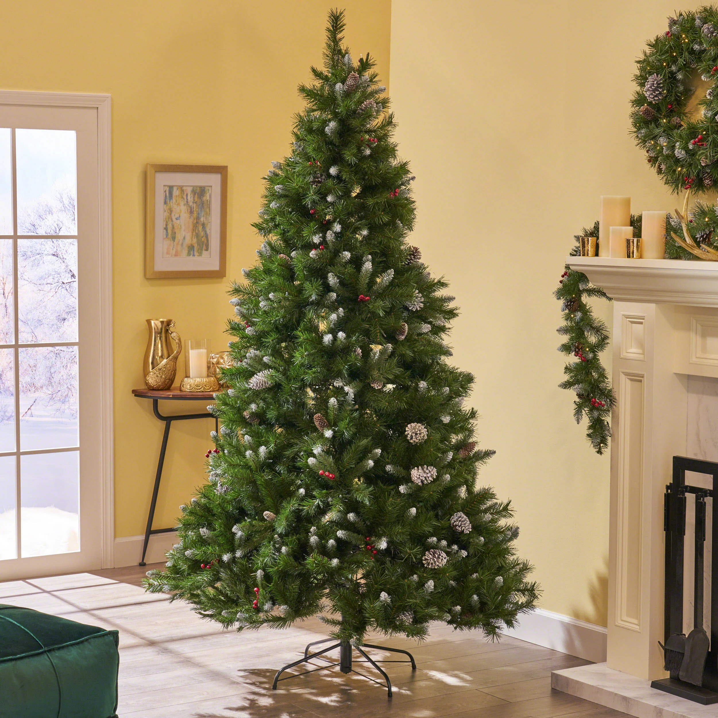 7-foot Mixed Spruce Hinged Artificial Christmas Tree with Frosted Branches, Red Berries, and Frosted Pinecones - furnishings