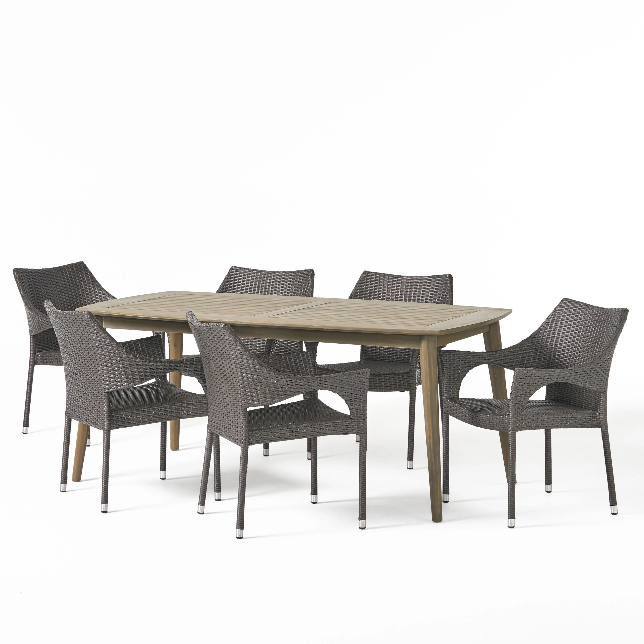 Kado Outdoor 7 Piece Wood and Wicker Dining Set, Gray and Gray - furnishings