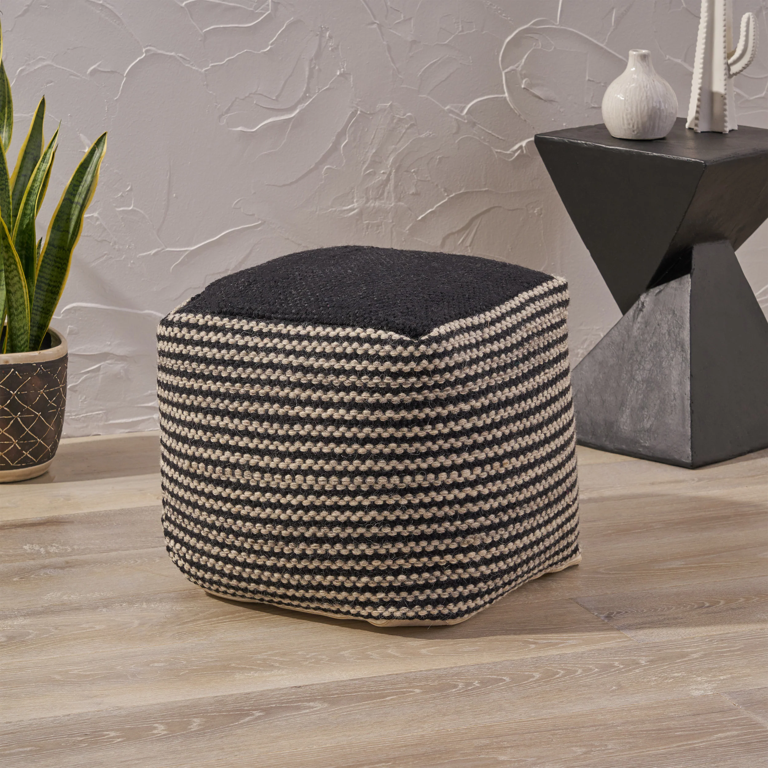 Allyssa Boho Wool and Cotton Ottoman Pouf - furnishings