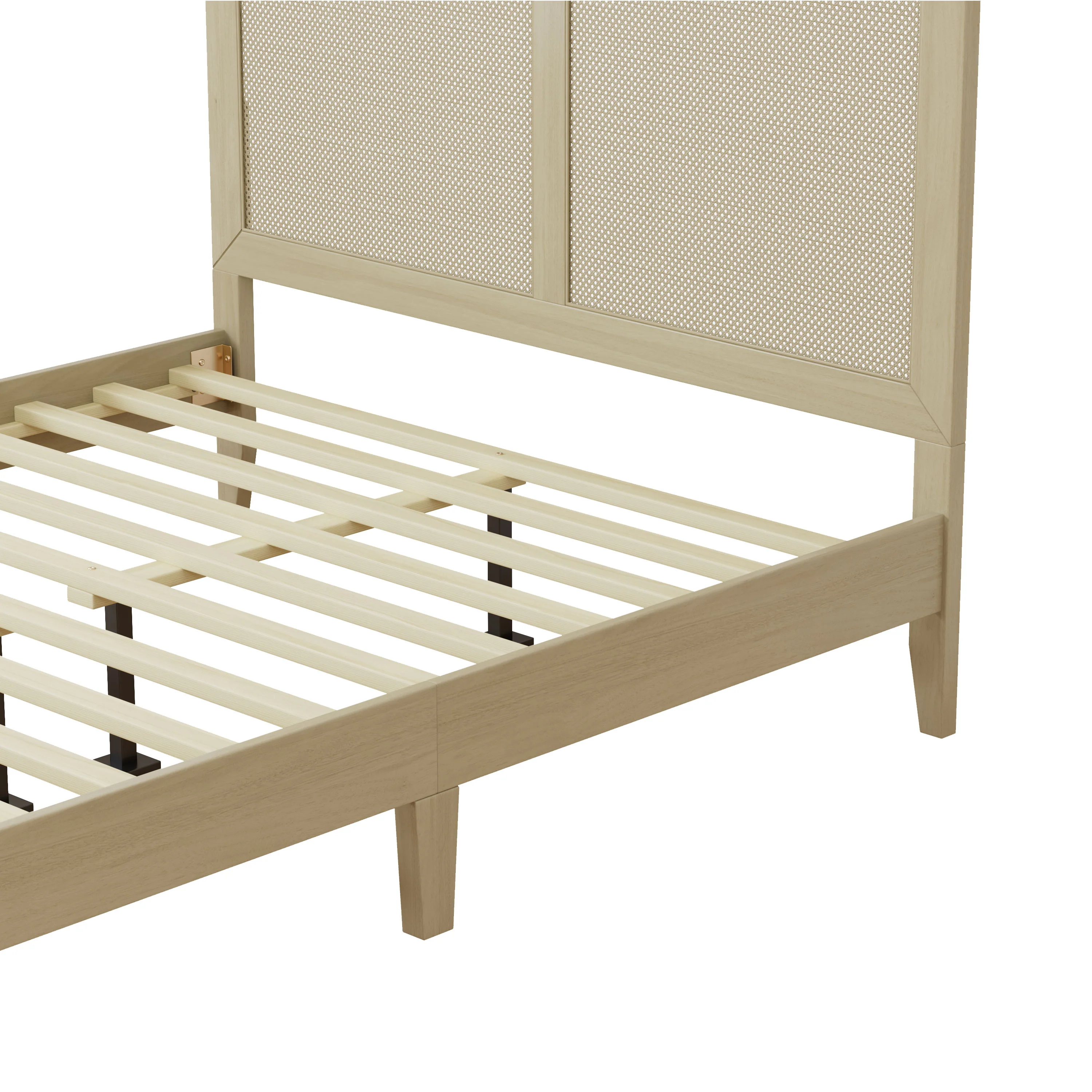 Linenwood Eudoca Rubber Wood Platform Bed with Rattan Woven Headboard, Natural - furnishings