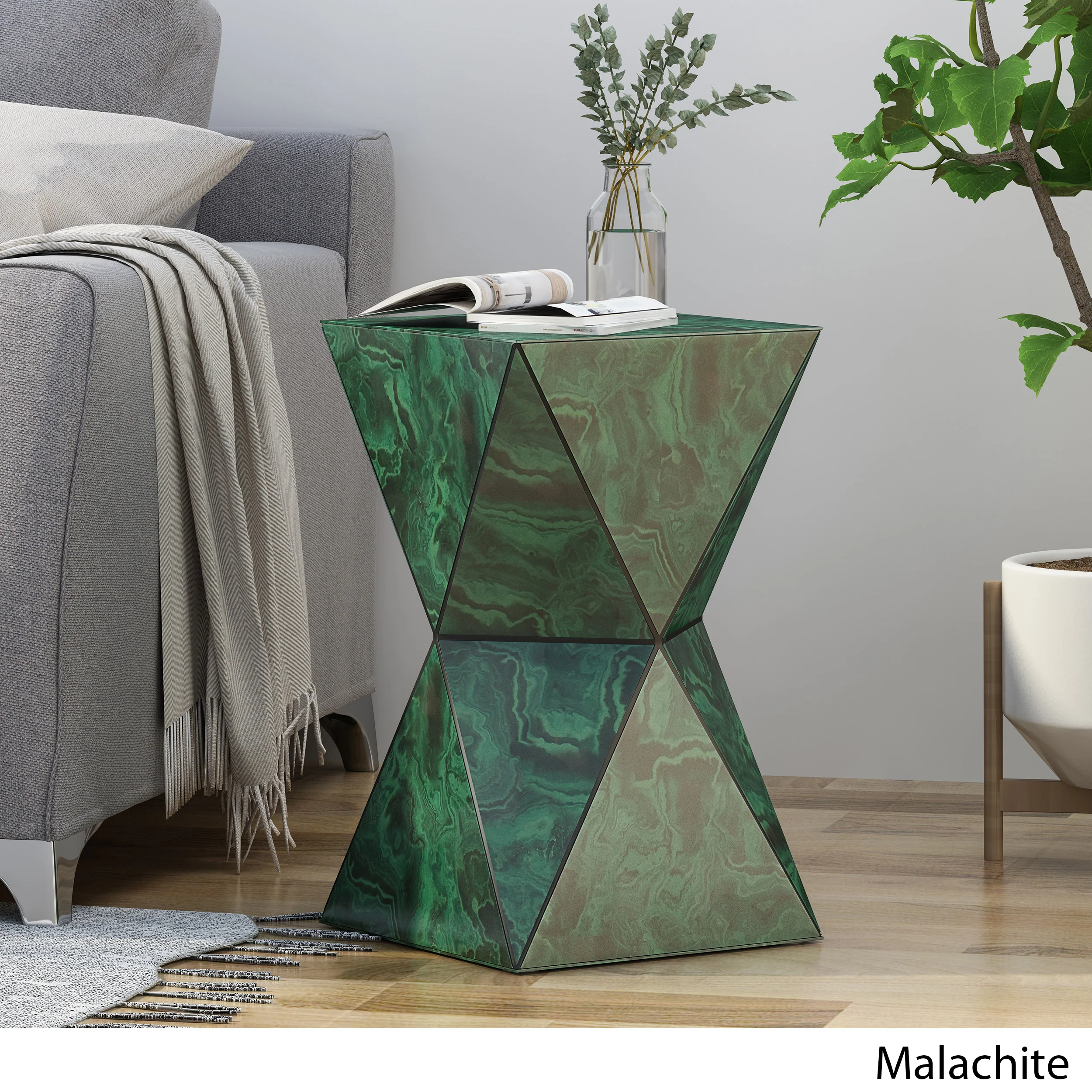 Larry Tempered Glass Hourglass Side Table, Malachite Finish - furnishings