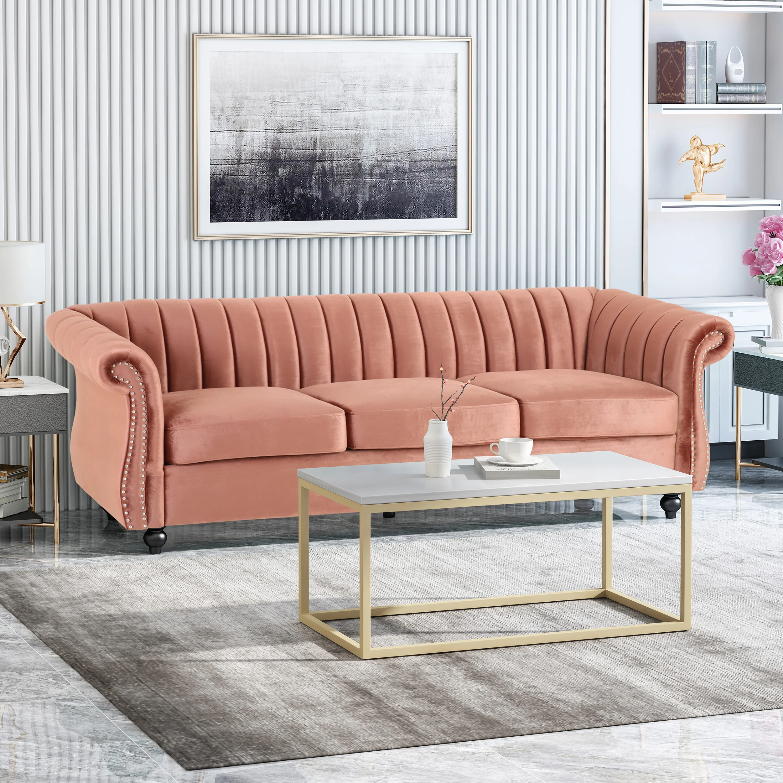 Olga Modern Glam Velvet 3 Seater Sofa, Umber and Dark Brown - furnishings