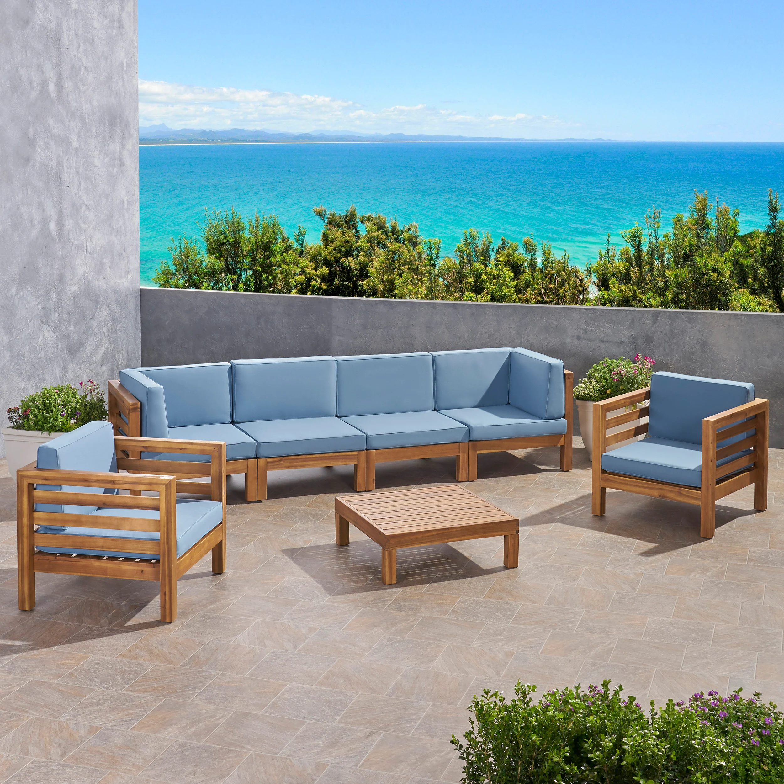 Emma Outdoor 6 Seater Acacia Wood Sofa Chat Set - furnishings