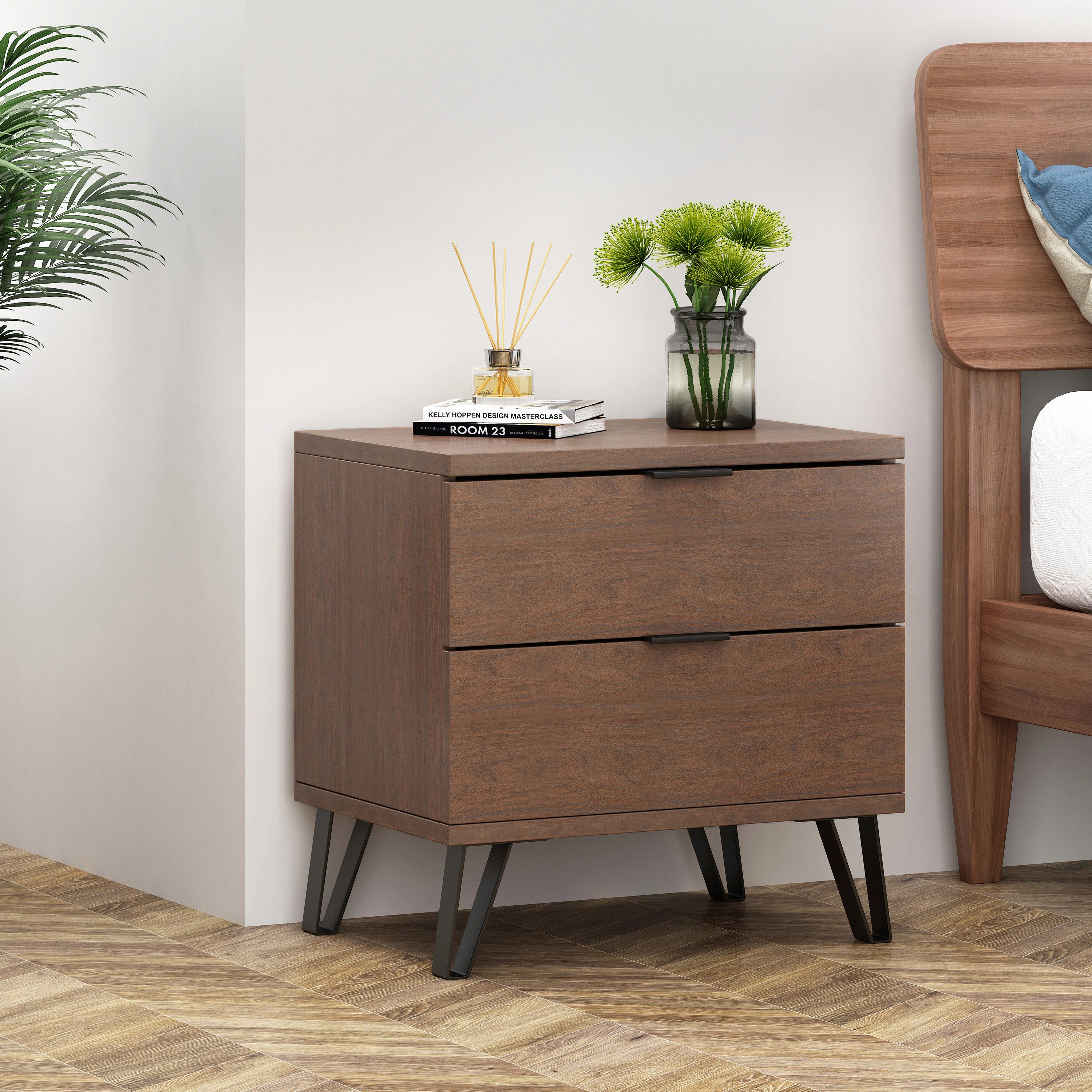 Demijen Modern Industrial 2 Drawer Wide Nightstand, Walnut and Matte Black - furnishings