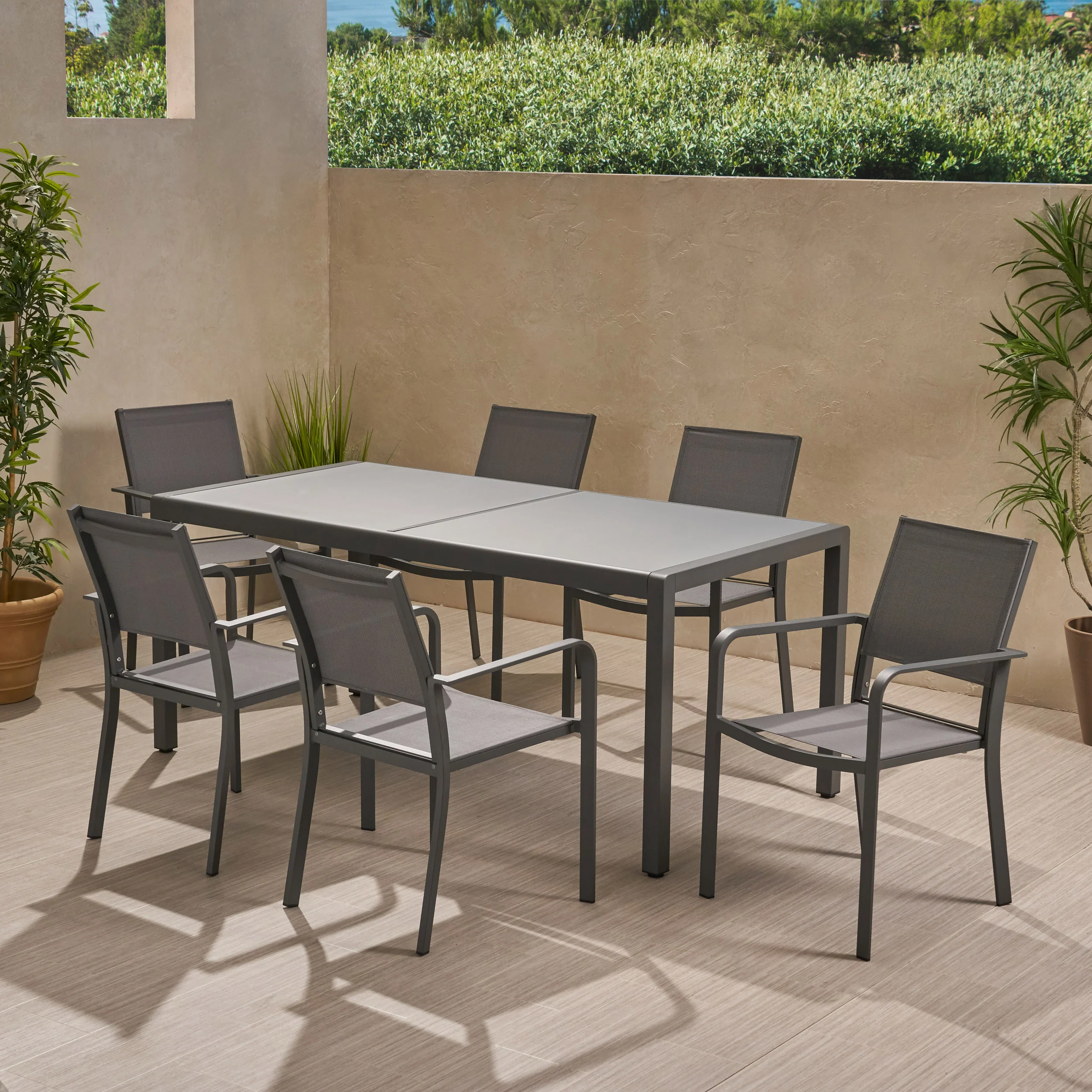 Glauk Outdoor 6 Seater Aluminum Dining Set with Tempered Glass Table Top - furnishings