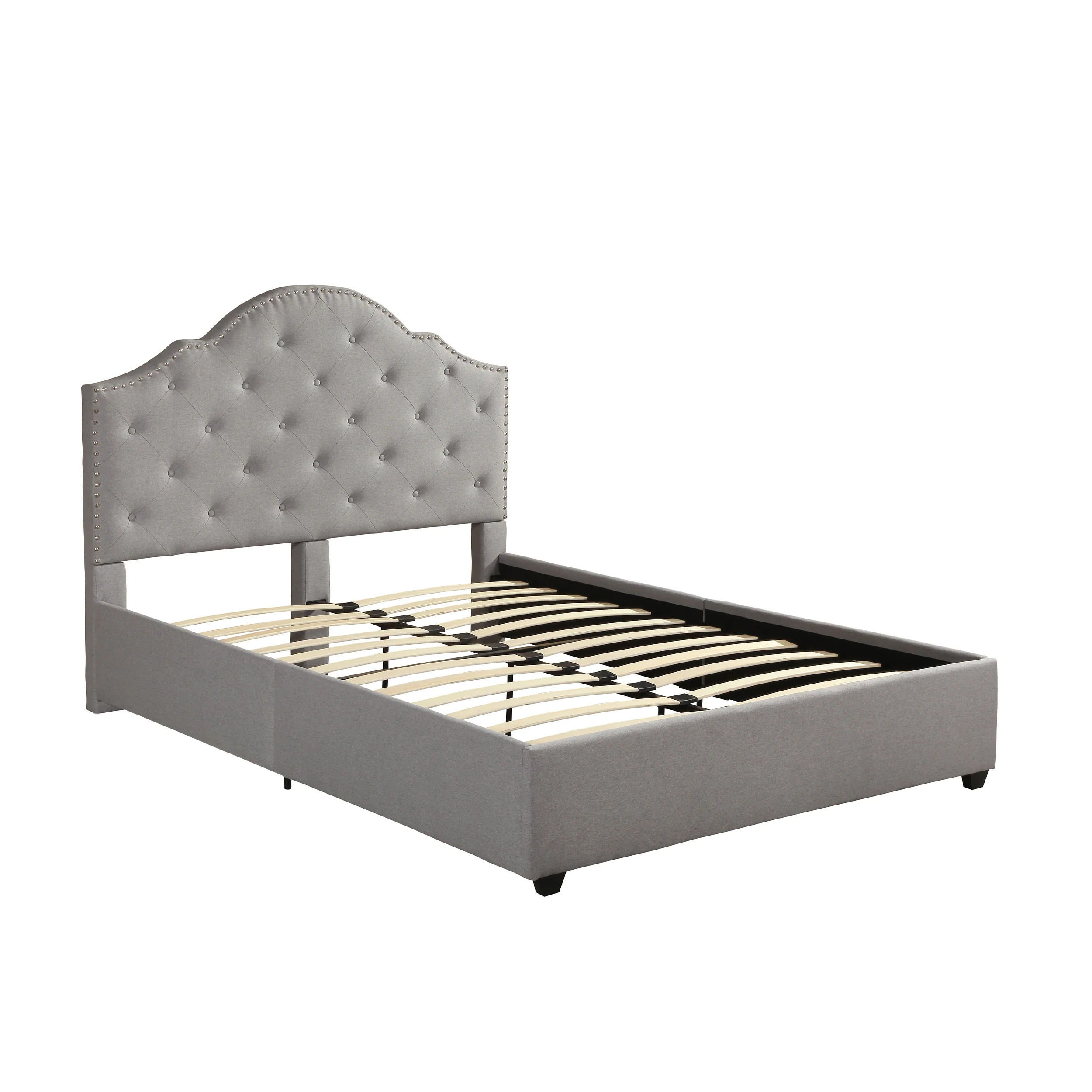 Gentry Contemporary Button-Tufted Camelback Queen Bed Frame with Nailhead Trim - furnishings