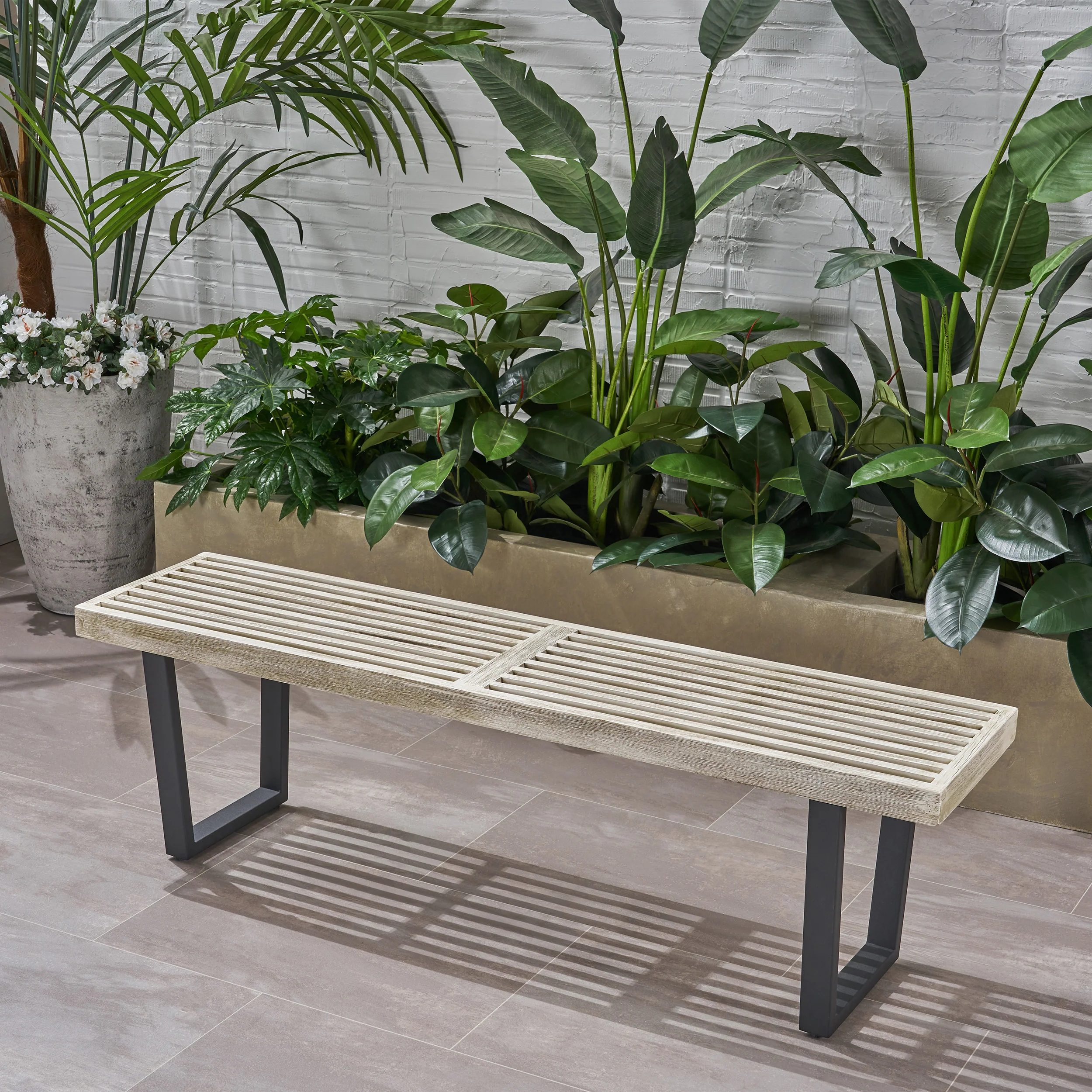 Joa Patio Dining Bench, Acacia Wood with Iron Legs, Modern, Contemporary - furnishings