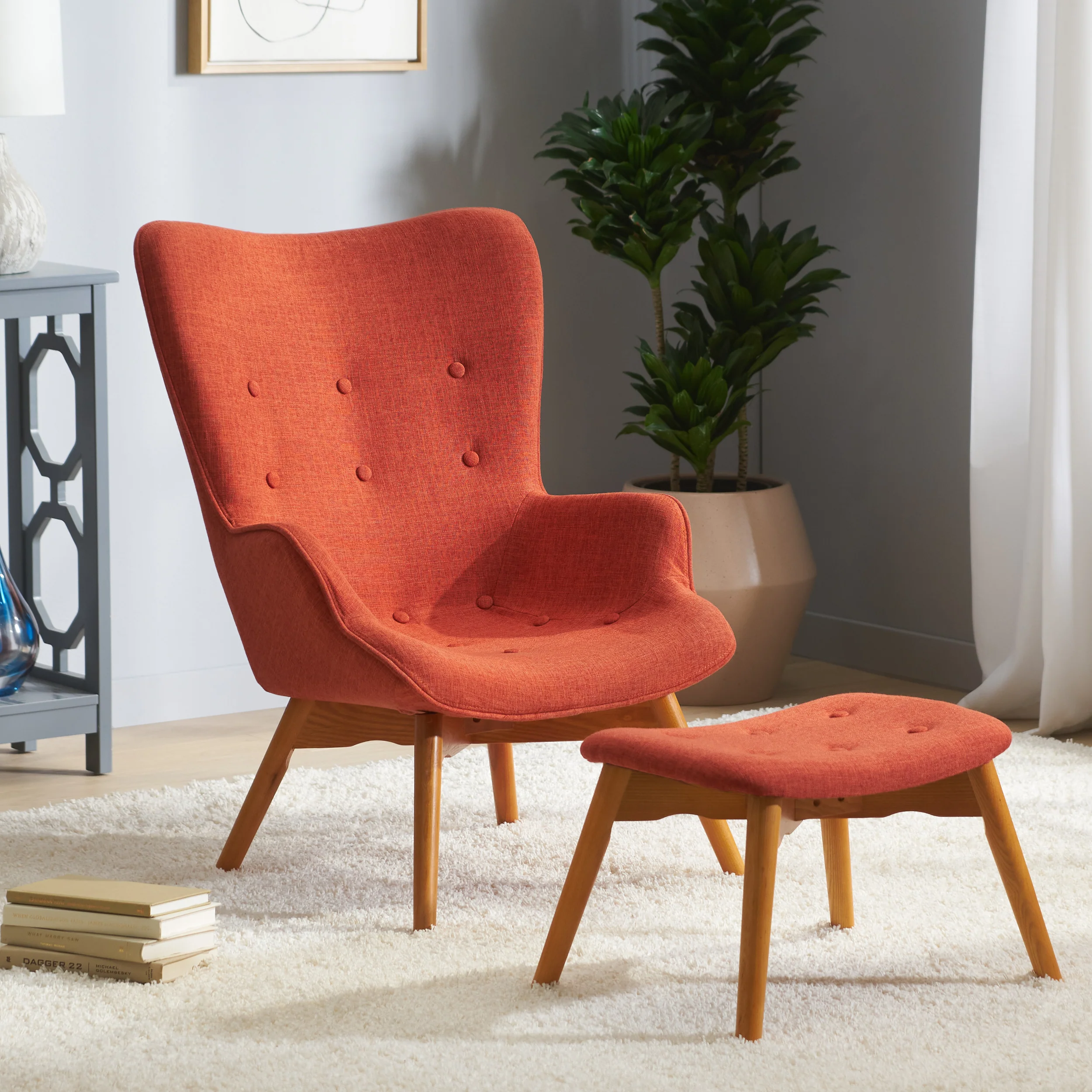 Acantha Mid-Century Modern Wingback Fabric Chair and Ottoman Set - furnishings