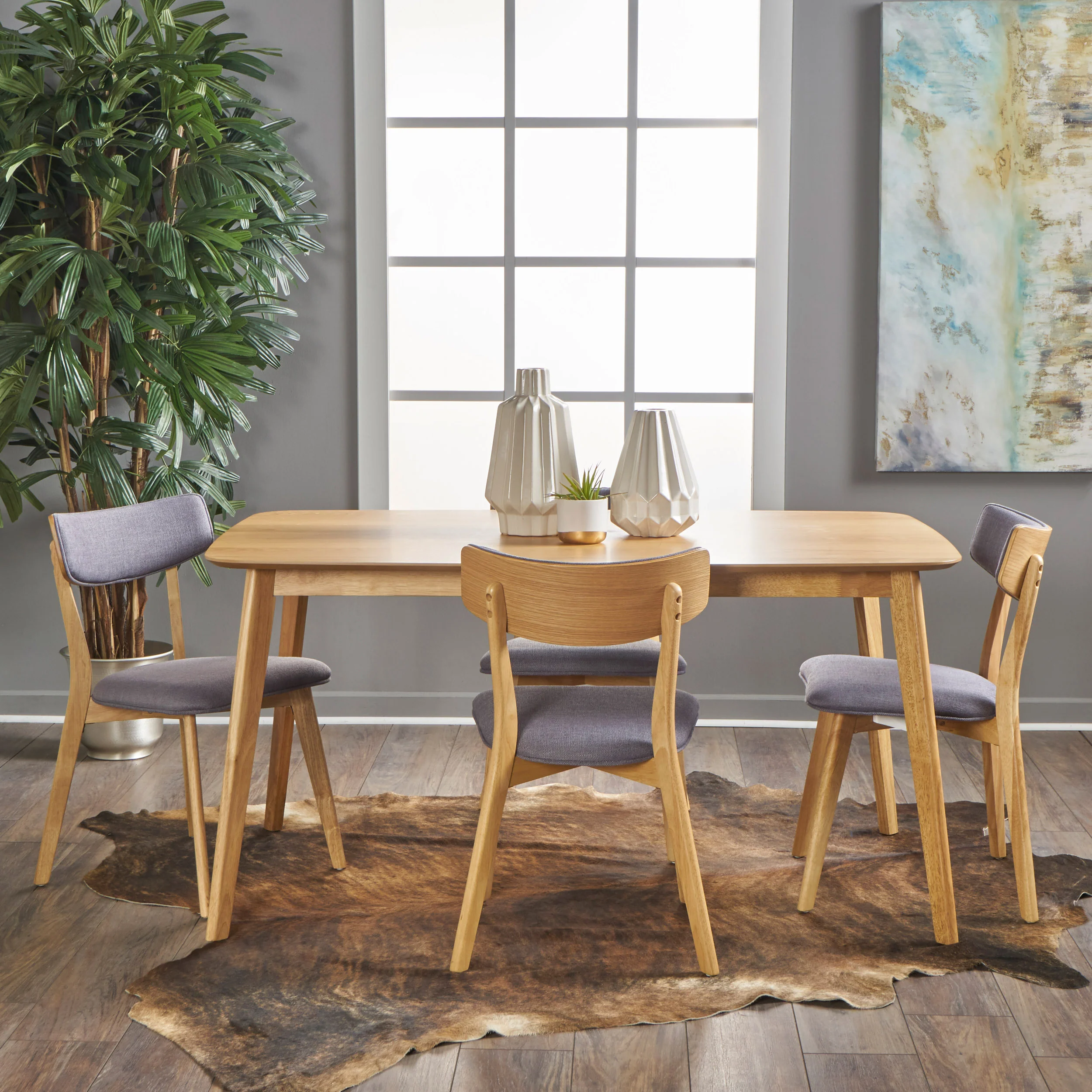 Aman Mid Century Natural Oak Finished 5 PC Dining Set - furnishings