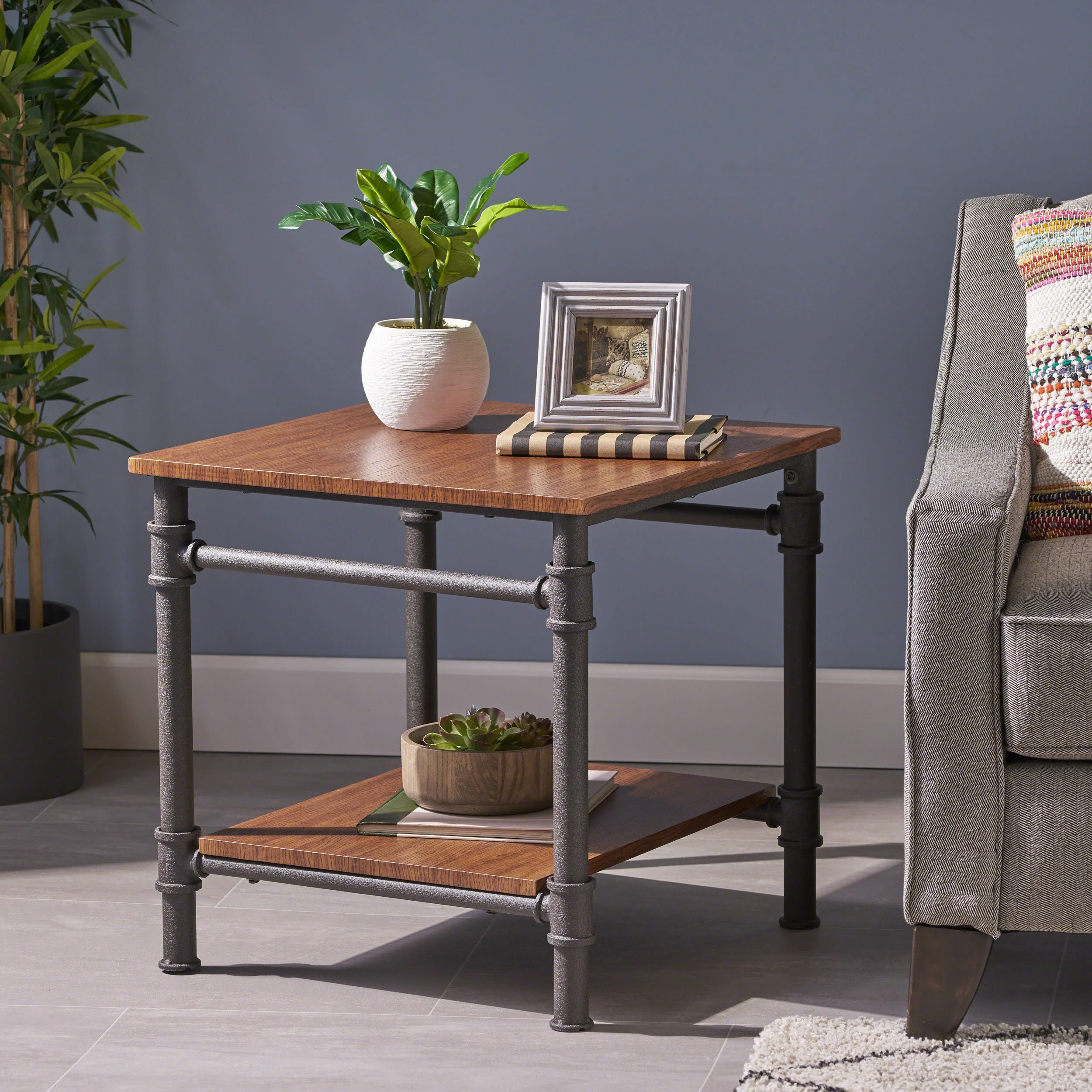 Mila Industrial Faux Wood End Table, Teak Finish - furnishings