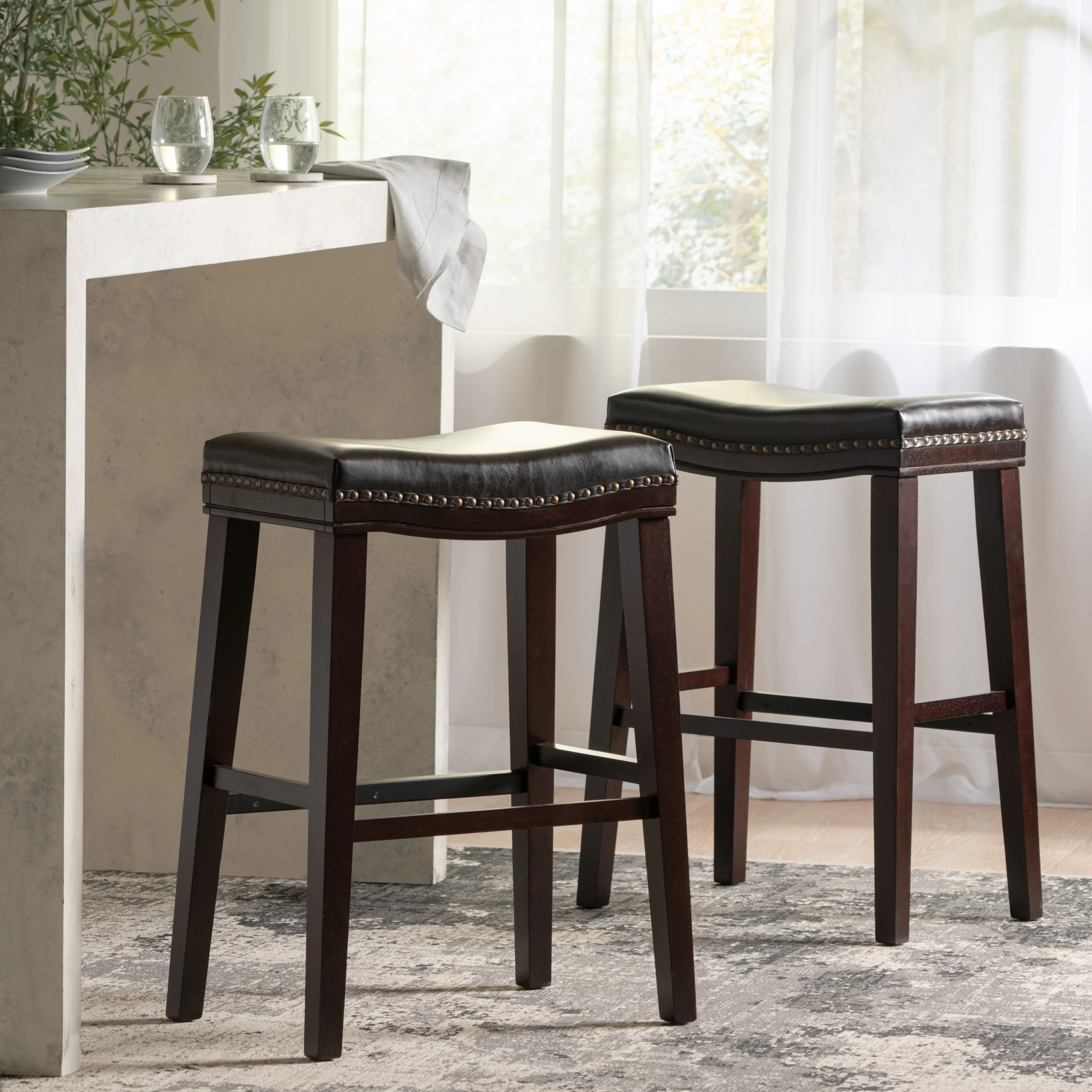 Estes Studded 30 Inch Brown Leather Saddle Barstool, Set of 2 - furnishings