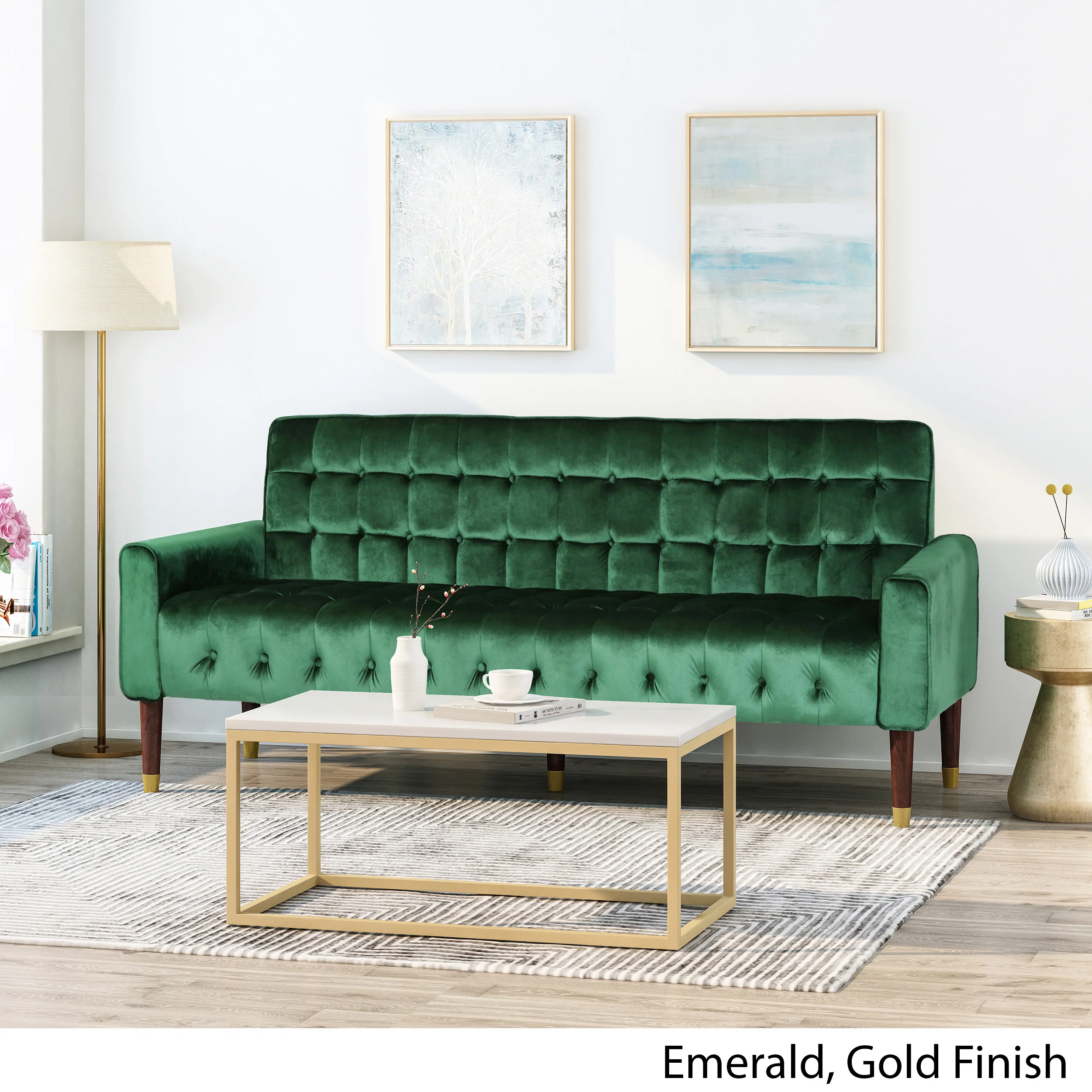 Adan Tufted Velvet Sofa with Gold Tipped Tapered Legs - furnishings