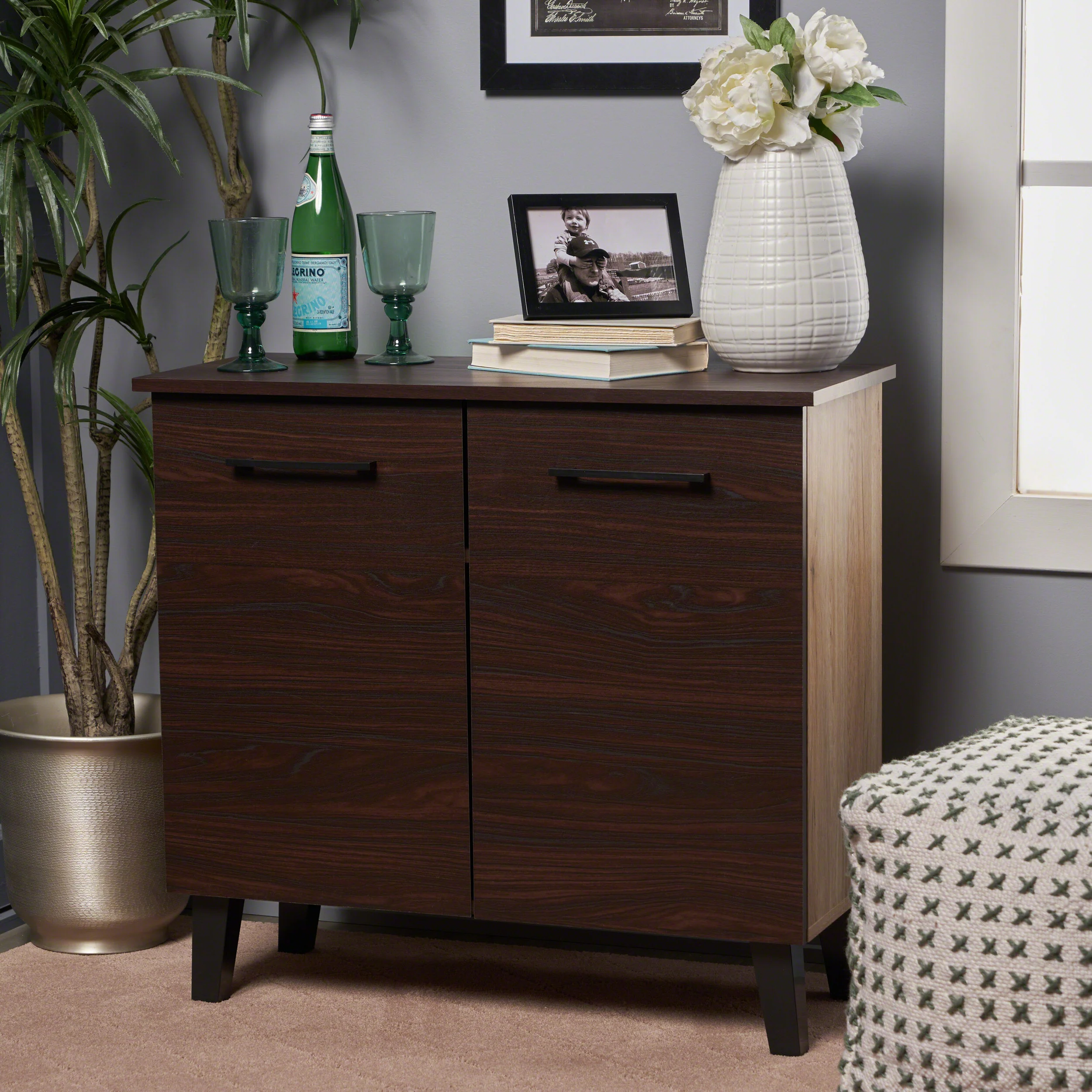 Willson Modern 3-Shelf Walnut Finished Faux Wood Cabinet with Oak Accent - furnishings