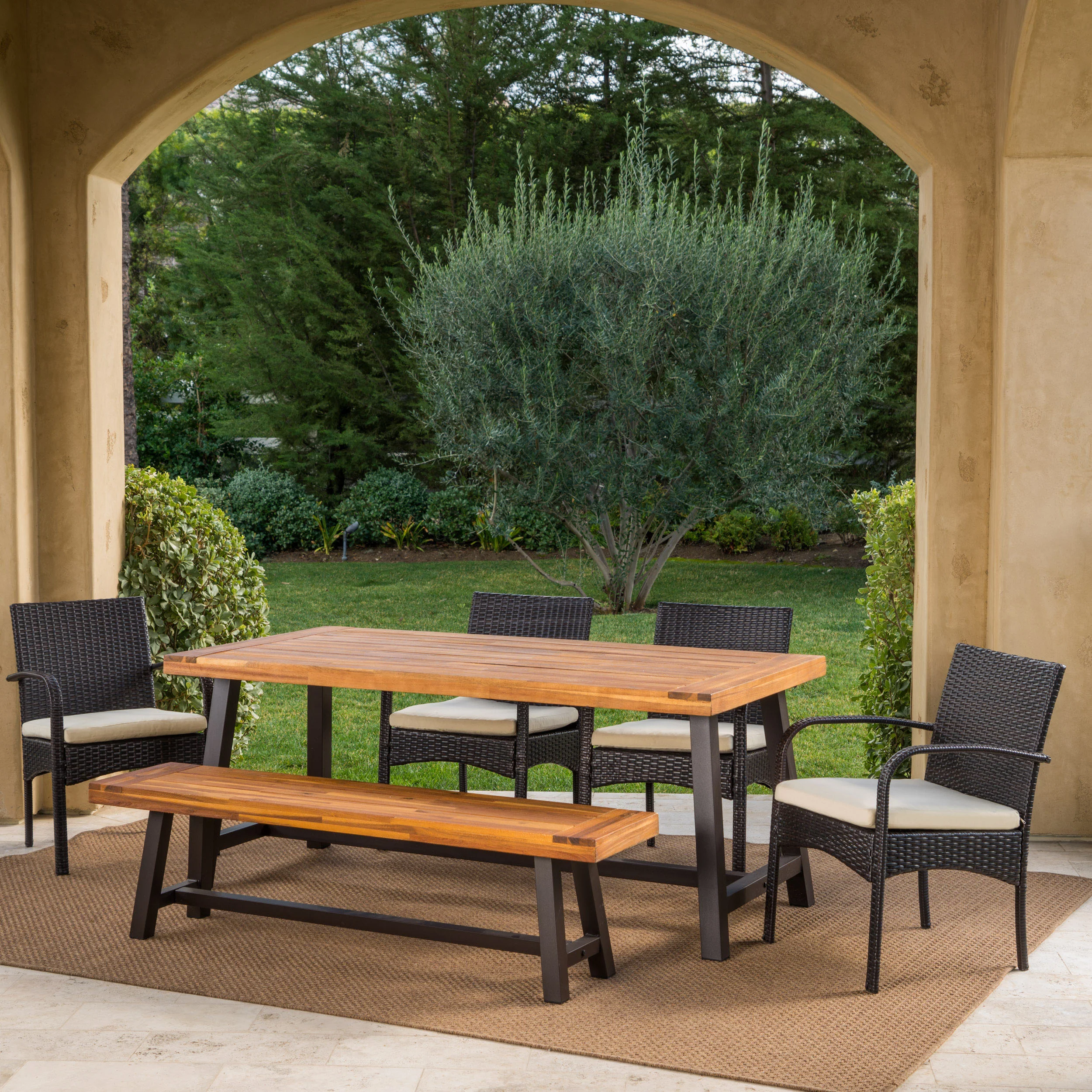 Fawm Outdoor 6 Piece Iron and Wood Dining Set with 4 Wicker Dining Chairs - furnishings