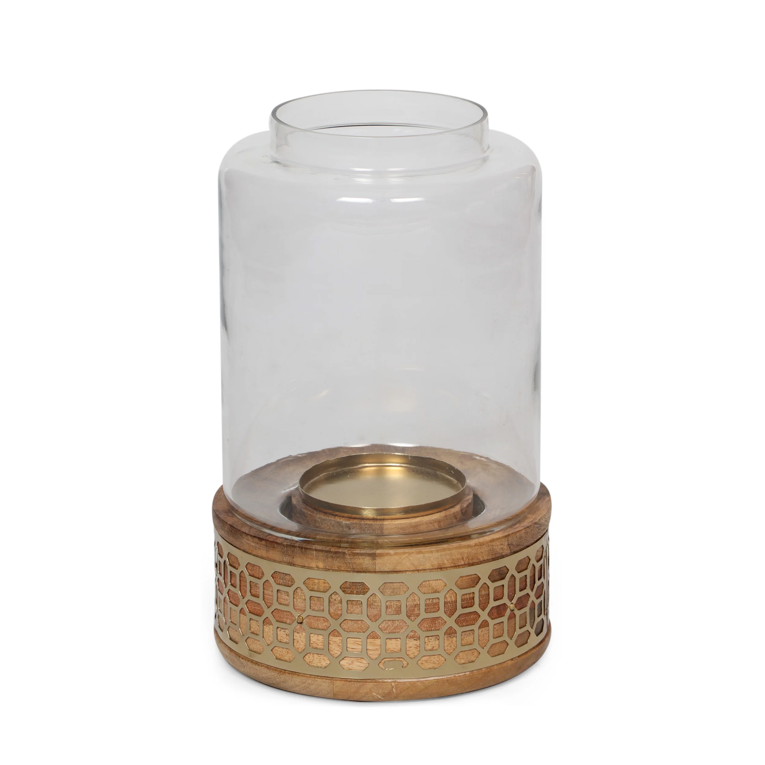 McClellan Boho Handcrafted Mango Wood Hurricane Candle Holder, Natural and Gold - furnishings