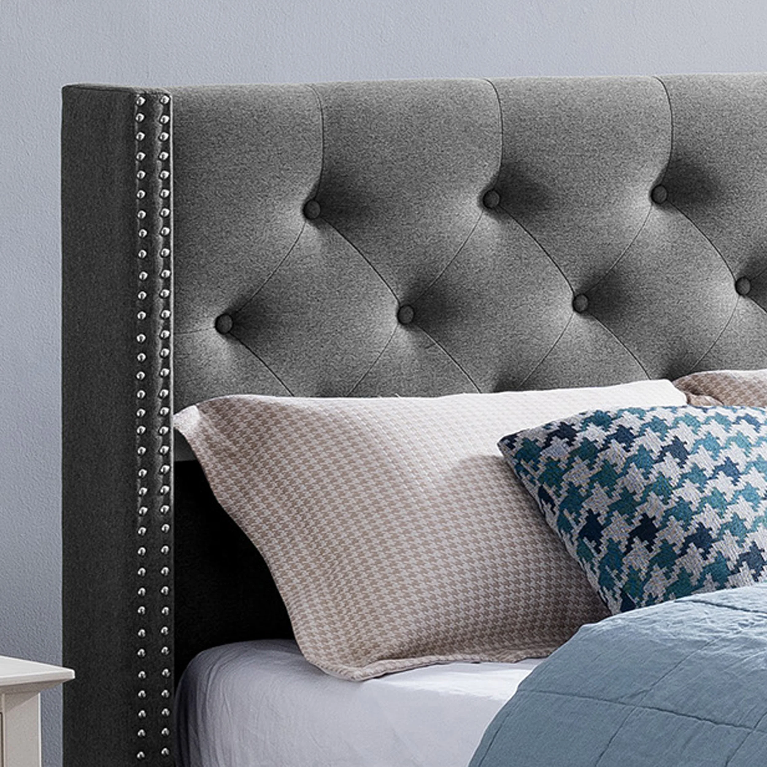 Ray Contemporary Rhinestone-Tufted Wingback Bed Frame with Nailhead Trim - furnishings
