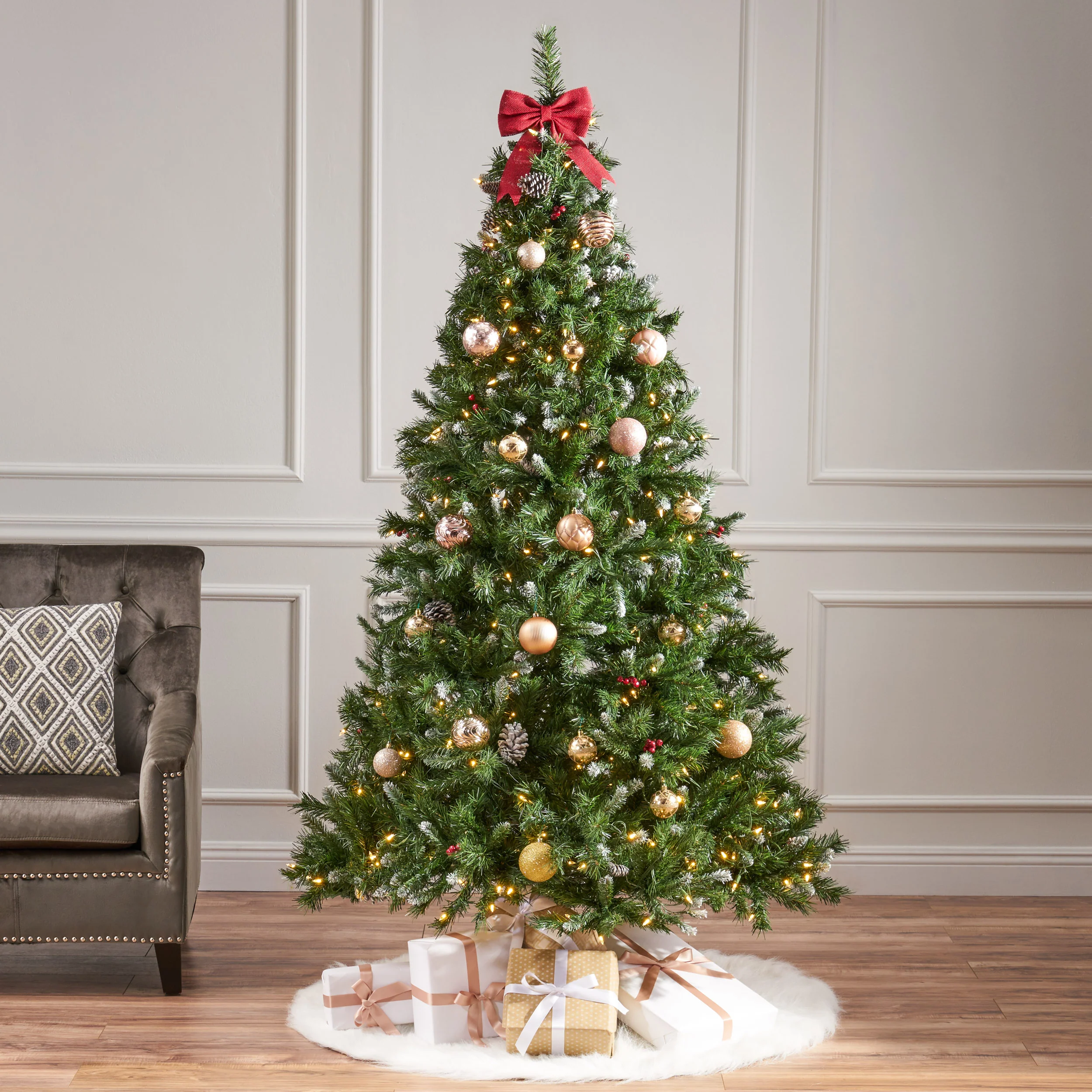 7-foot Mixed Spruce Pre-Lit Clear LED Hinged Artificial Christmas Tree with Frosted Branches - furnishings