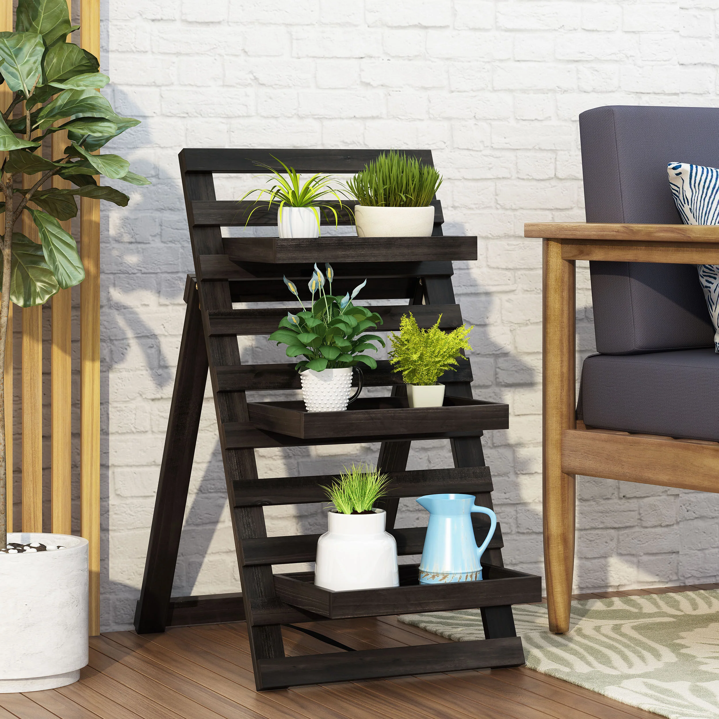 Elina Outdoor Firwood 3 Tiered Plant Stand - furnishings