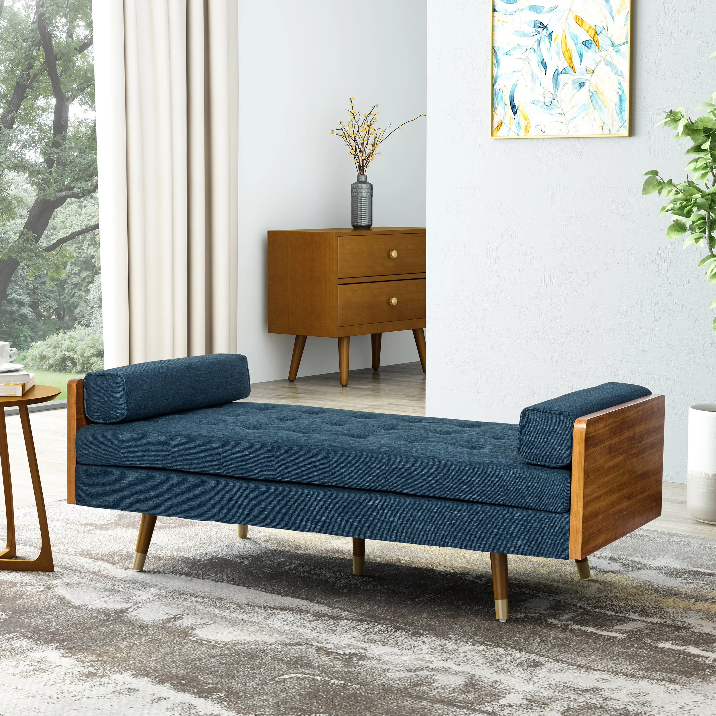 Tiltonsville Mid-Century Modern Tufted Double End Chaise Lounge with Bolster Pillows - furnishings