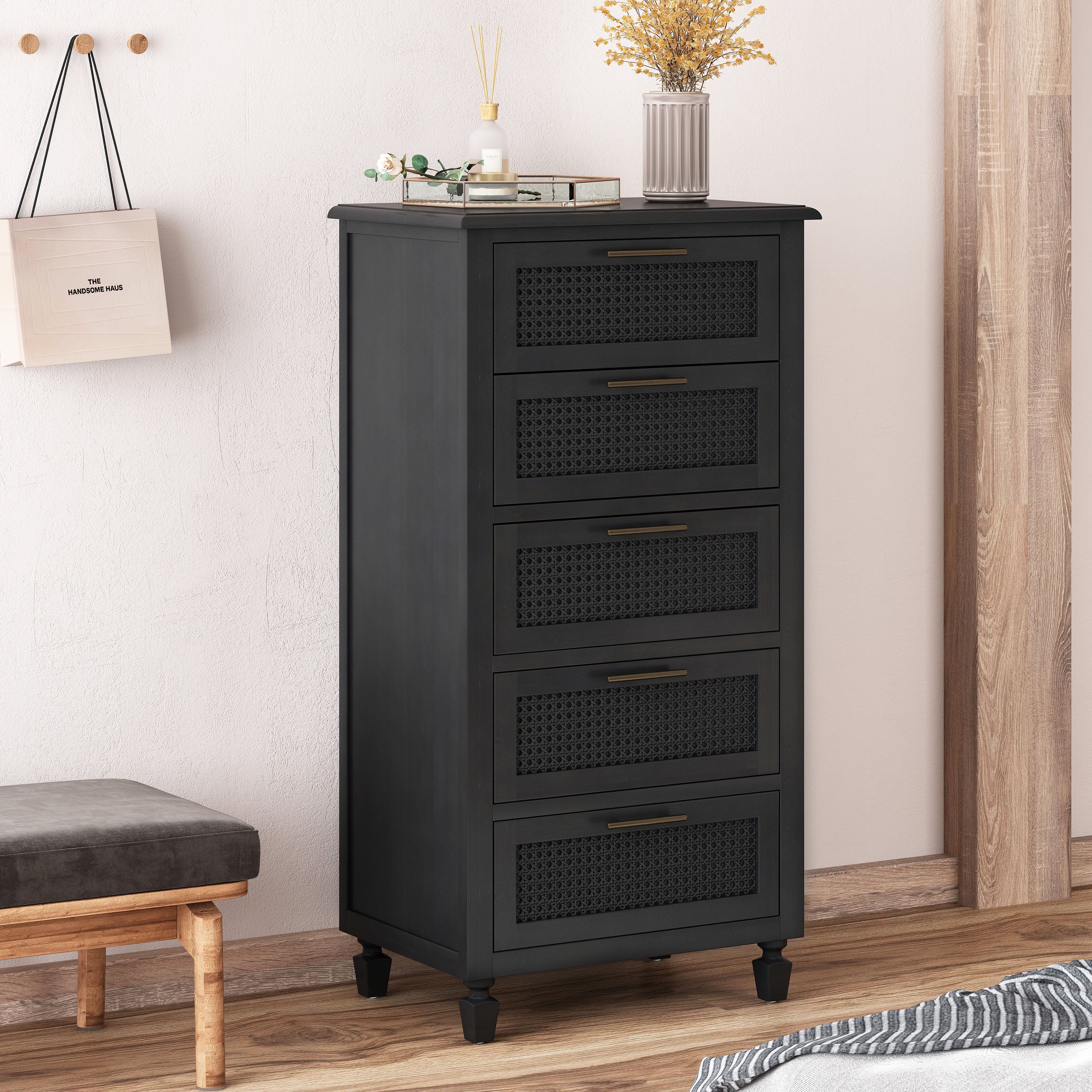 Pollards Rustic Acacia Wood and Cane 5 Drawer Dresser, Dark Gray - furnishings