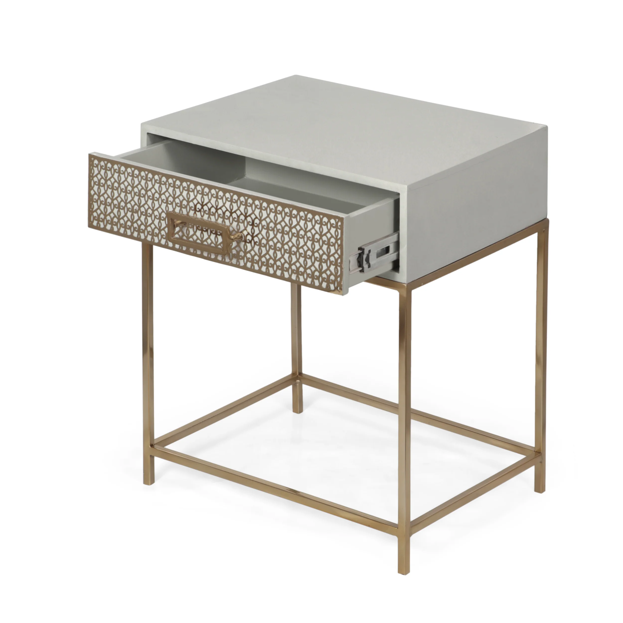 Sonnette Modern Glam Handcrafted Scroll Mesh Nightstand, Light Gray and Gold - furnishings