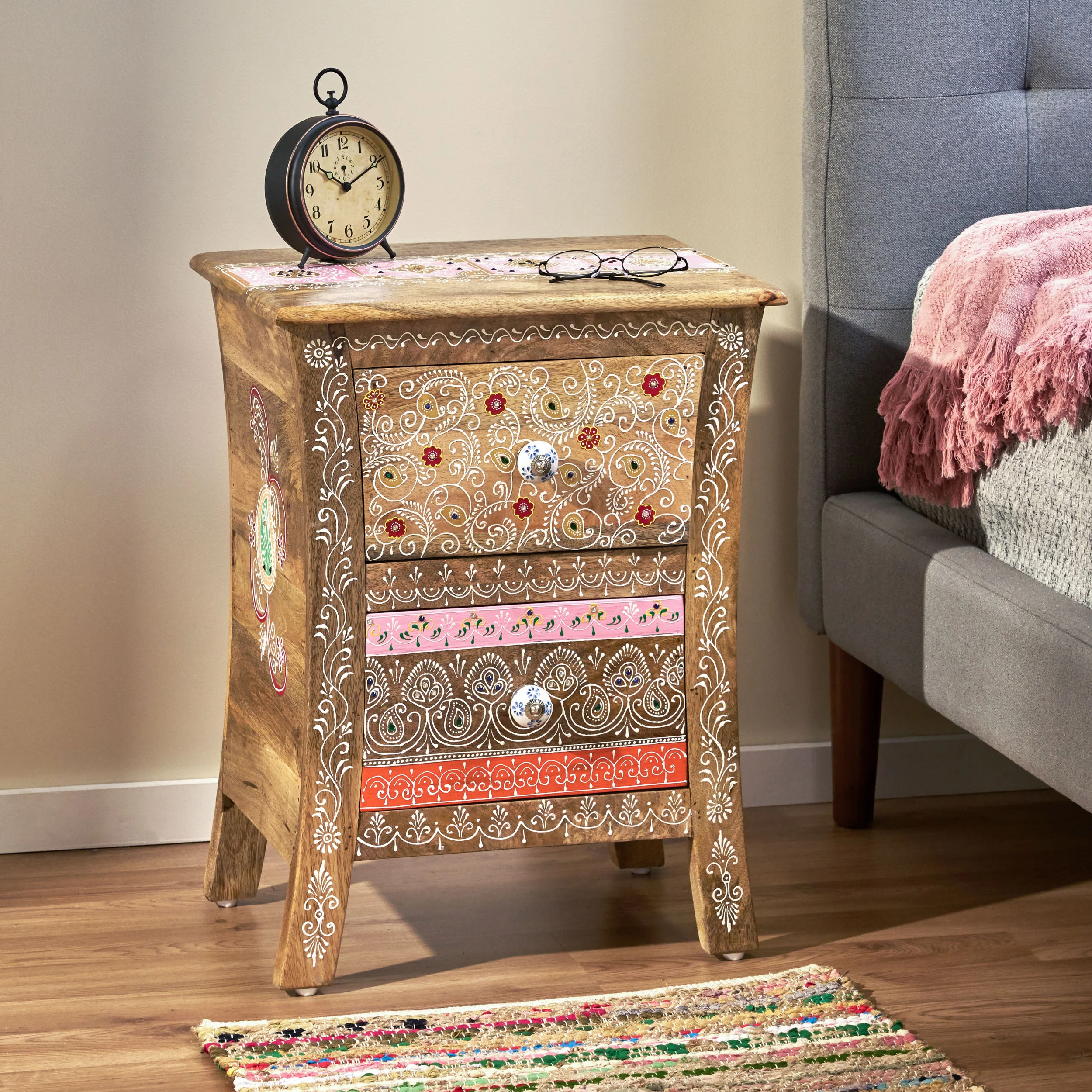 Ingersol Handcrafted Boho 2 Drawer Mango Wood Nightstand - furnishings