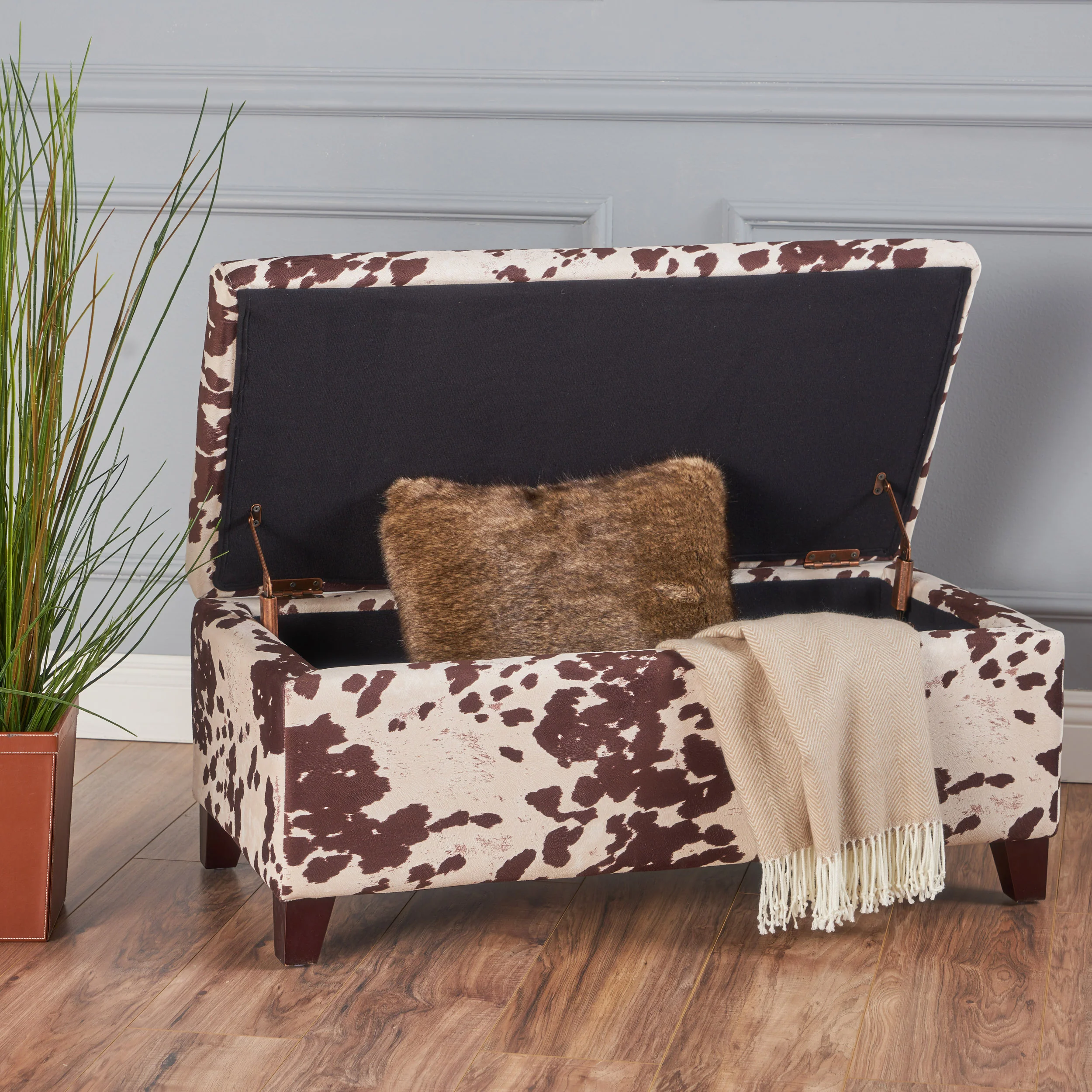 Brianna Rectangle Cow Print Velvet Storage Ottoman Bench - furnishings