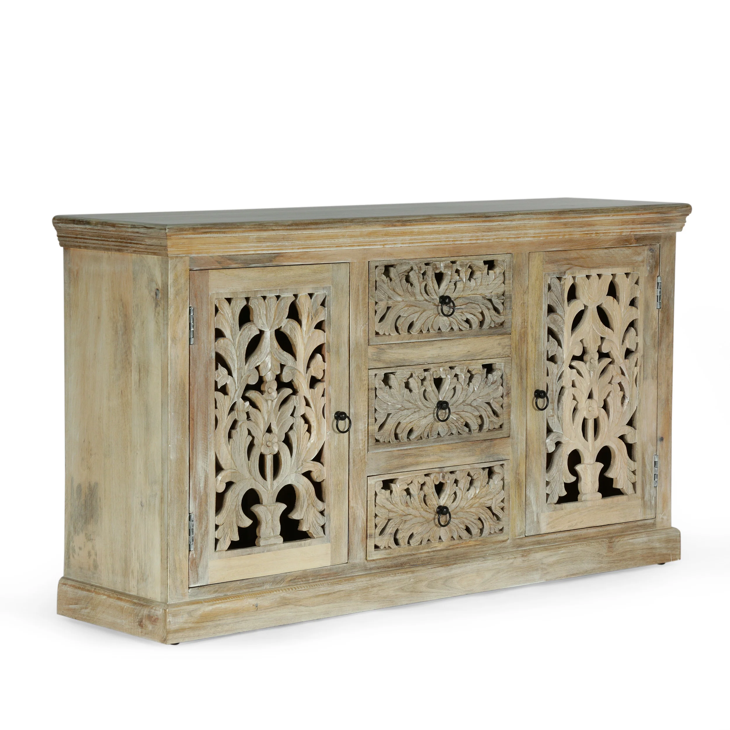 Scaggs Boho Handcrafted Mango Wood 3 Drawer Sideboard, Antique White - furnishings