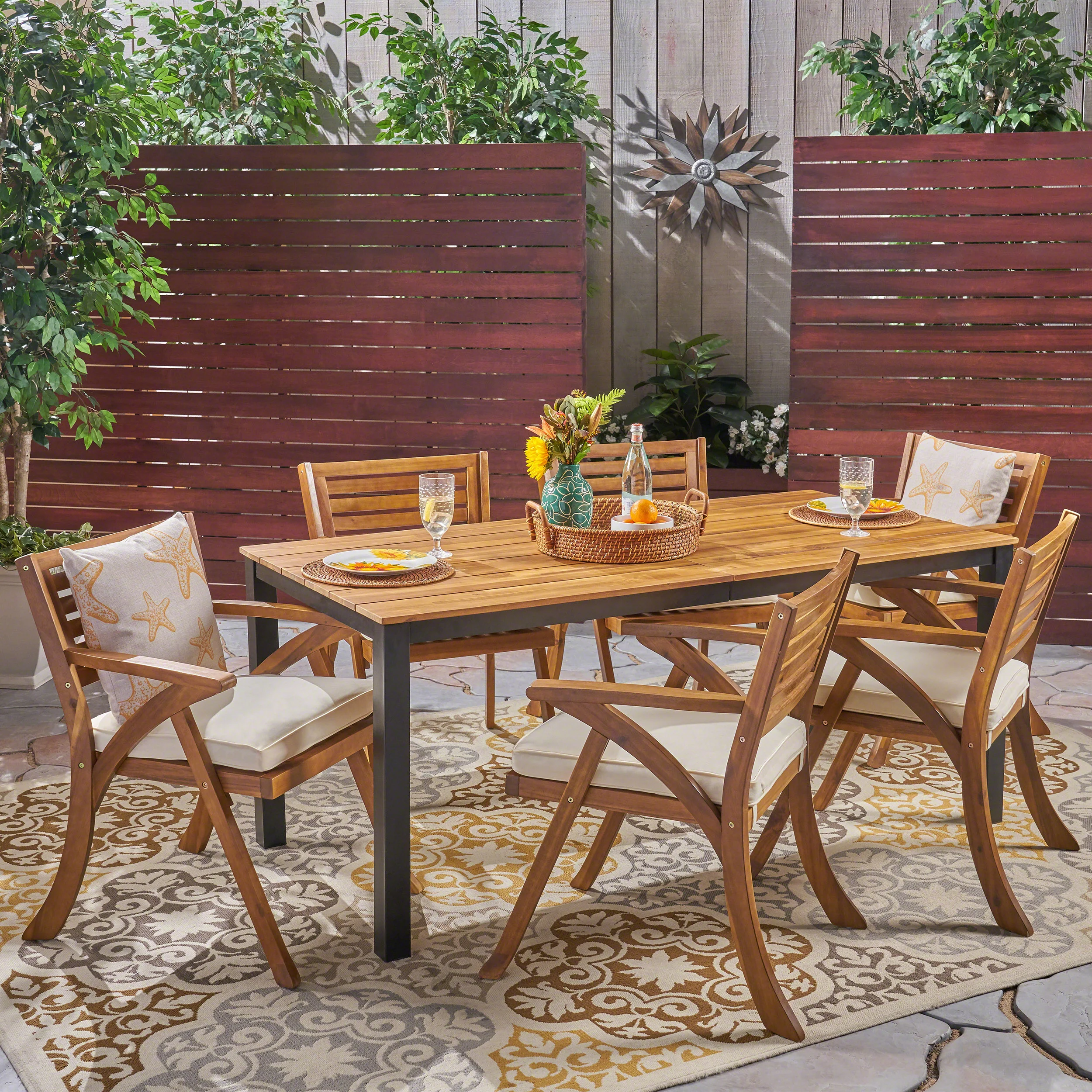 Nora Outdoor 7 Piece Acacia Wood Dining Set, Teak and Cream - furnishings