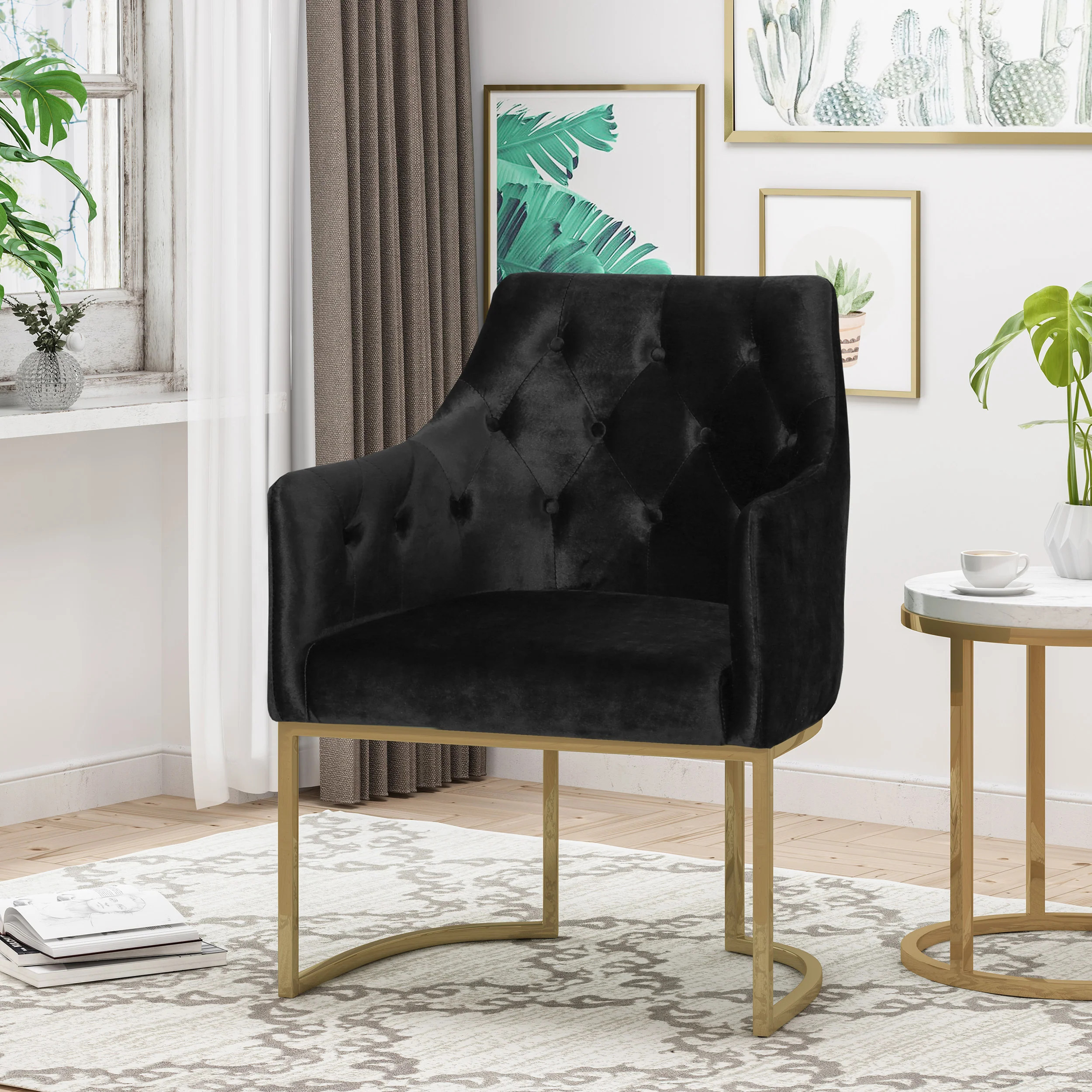 Fern Modern Tufted Glam Accent Chair with Velvet Cushions and U-Shaped Base - furnishings