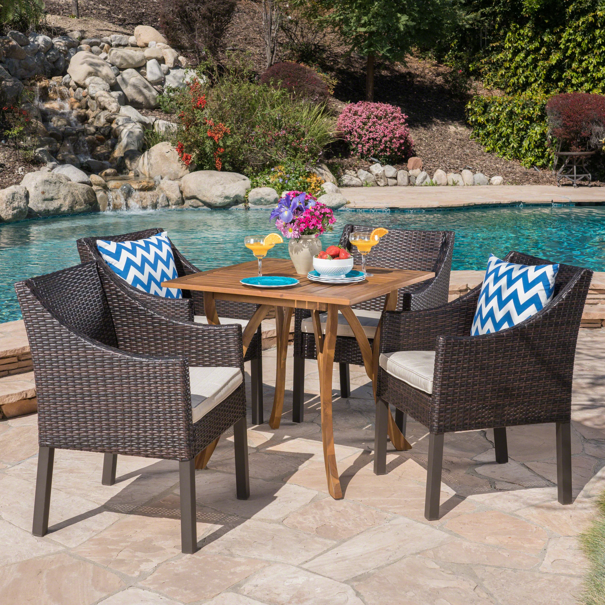 Marcy Outdoor 5 Piece Acacia Wood/ Wicker Dining Set with Cushions, Teak Finish and Multibrown with Beige - furnishings