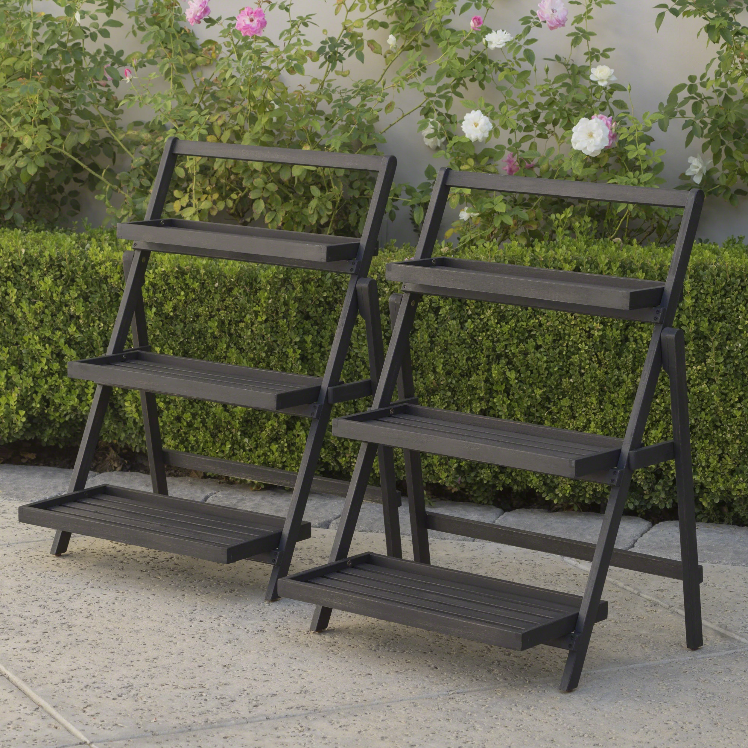 Mesbin Outdoor Dark Grey Acacia Wood Plant Stand (Set of 2) - furnishings