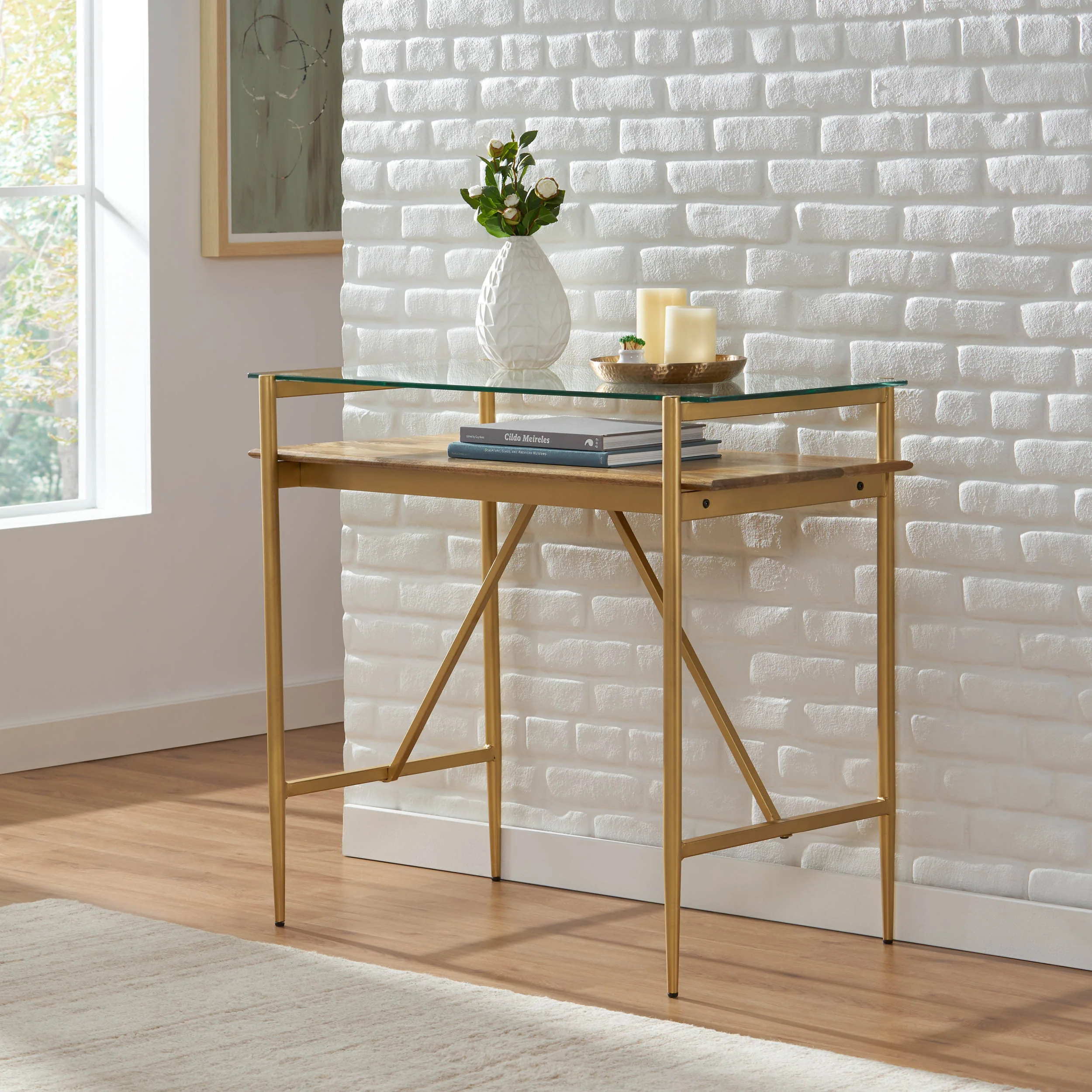 Adena Rustic Glam Handmade Glass Top Console Table, Honey Brown and Gold - furnishings