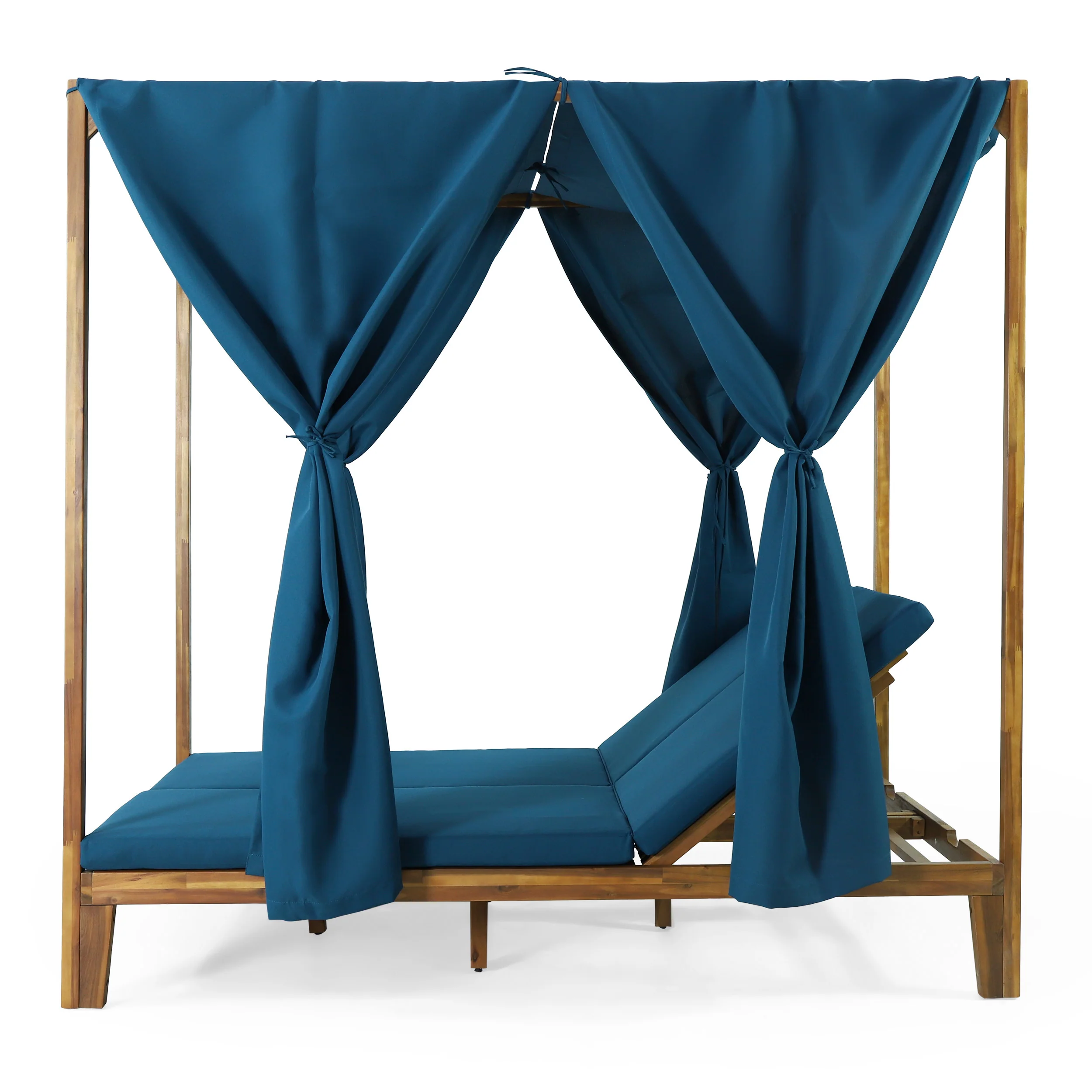 Leaverton Outdoor 2 Seater Adjustable Acacia Wood Daybed with Curtains - furnishings