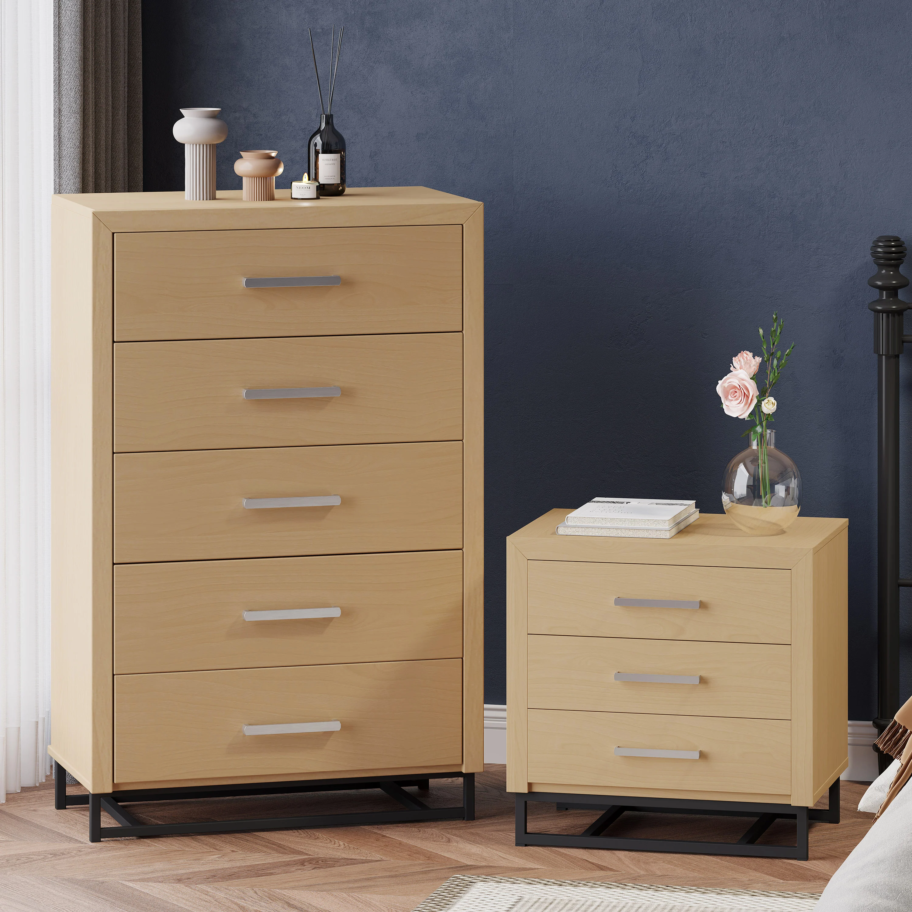 Borah Contemporary Faux Wood 2 Piece 5 Drawer Dresser and Nightstand Bedroom Set - furnishings