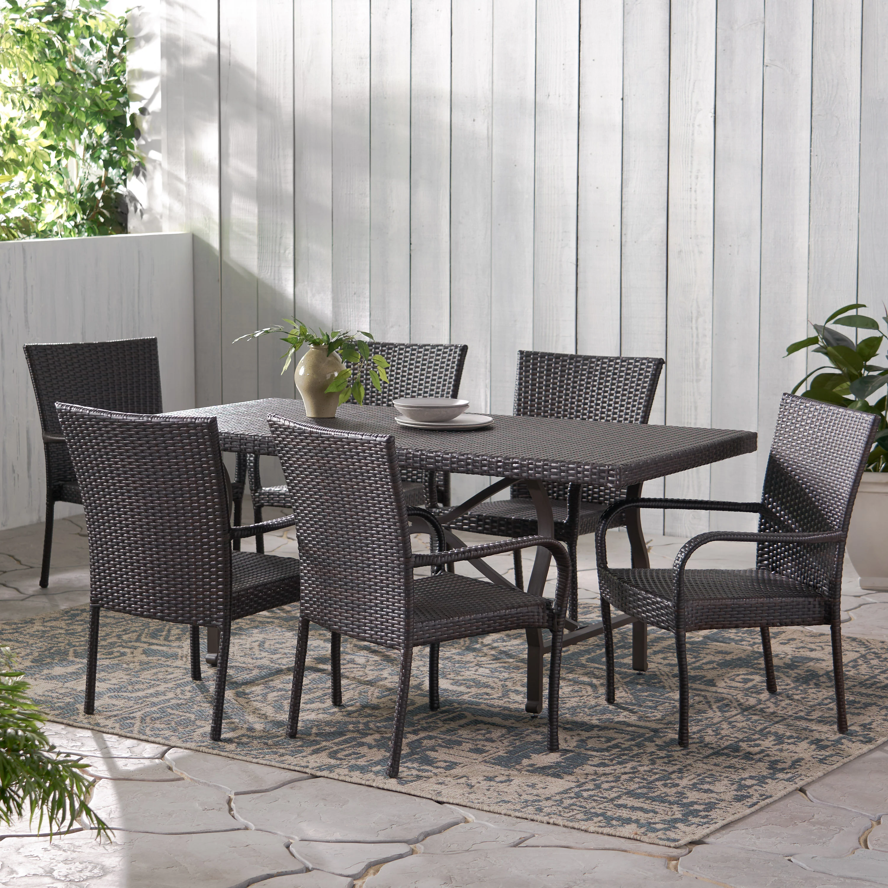 Walthham Outdoor 7 Piece Multibrown Wicker Dining Set - furnishings