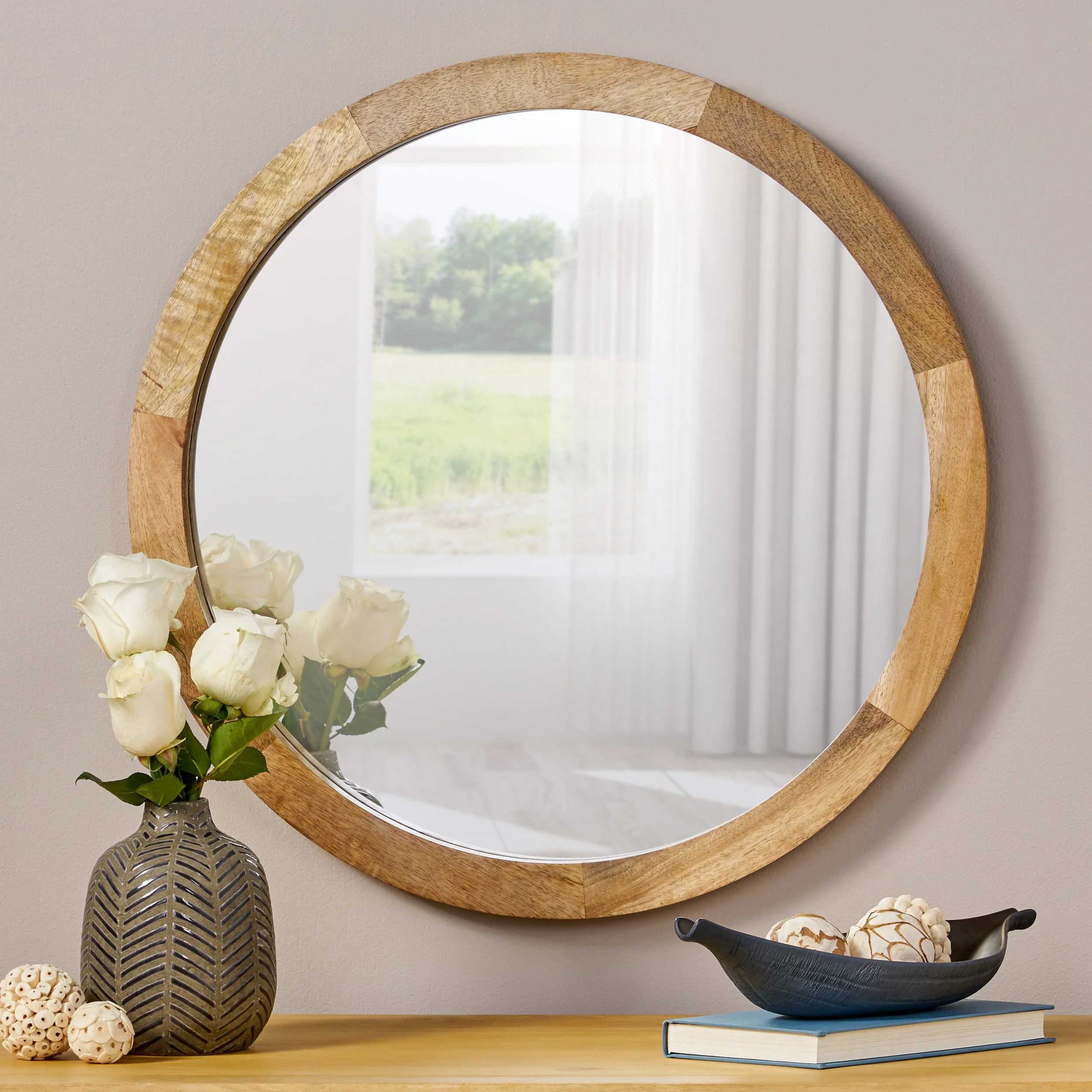 Heather Modern Round Mirror with Mango Wood Frame - furnishings