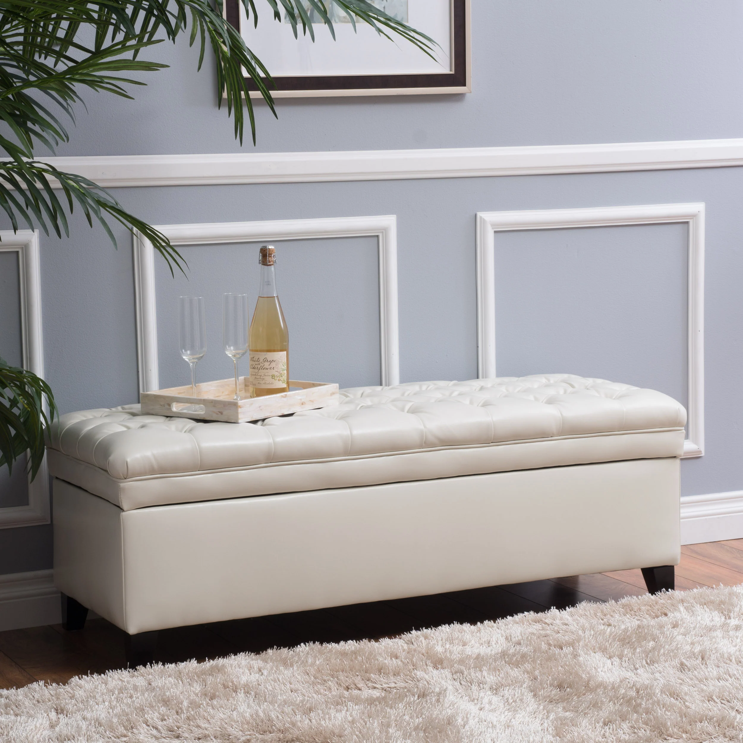 Laguna Button Tufted Leather Storage Ottoman Bench - furnishings