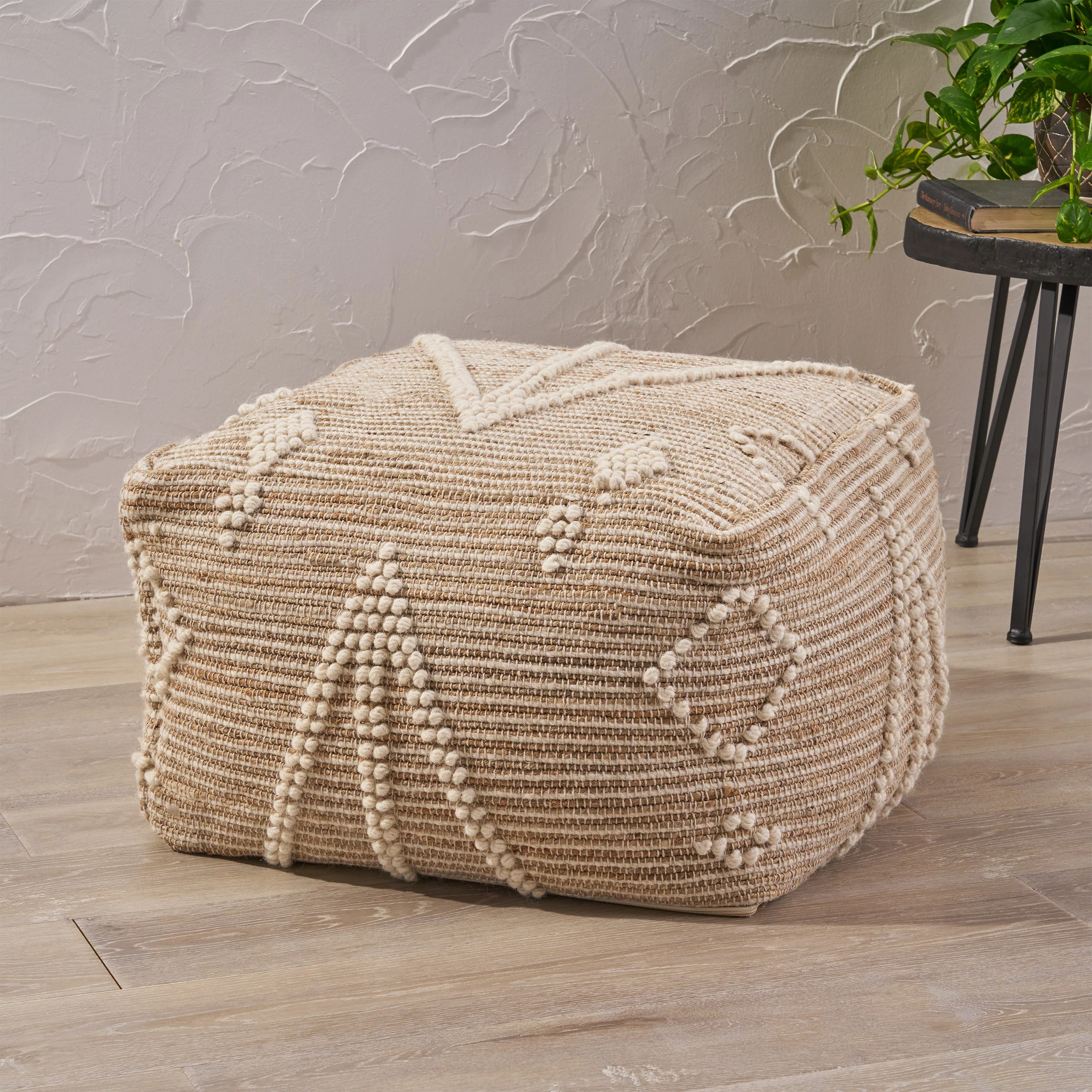 Khalila Boho Wool and Cotton Ottoman Pouf - furnishings