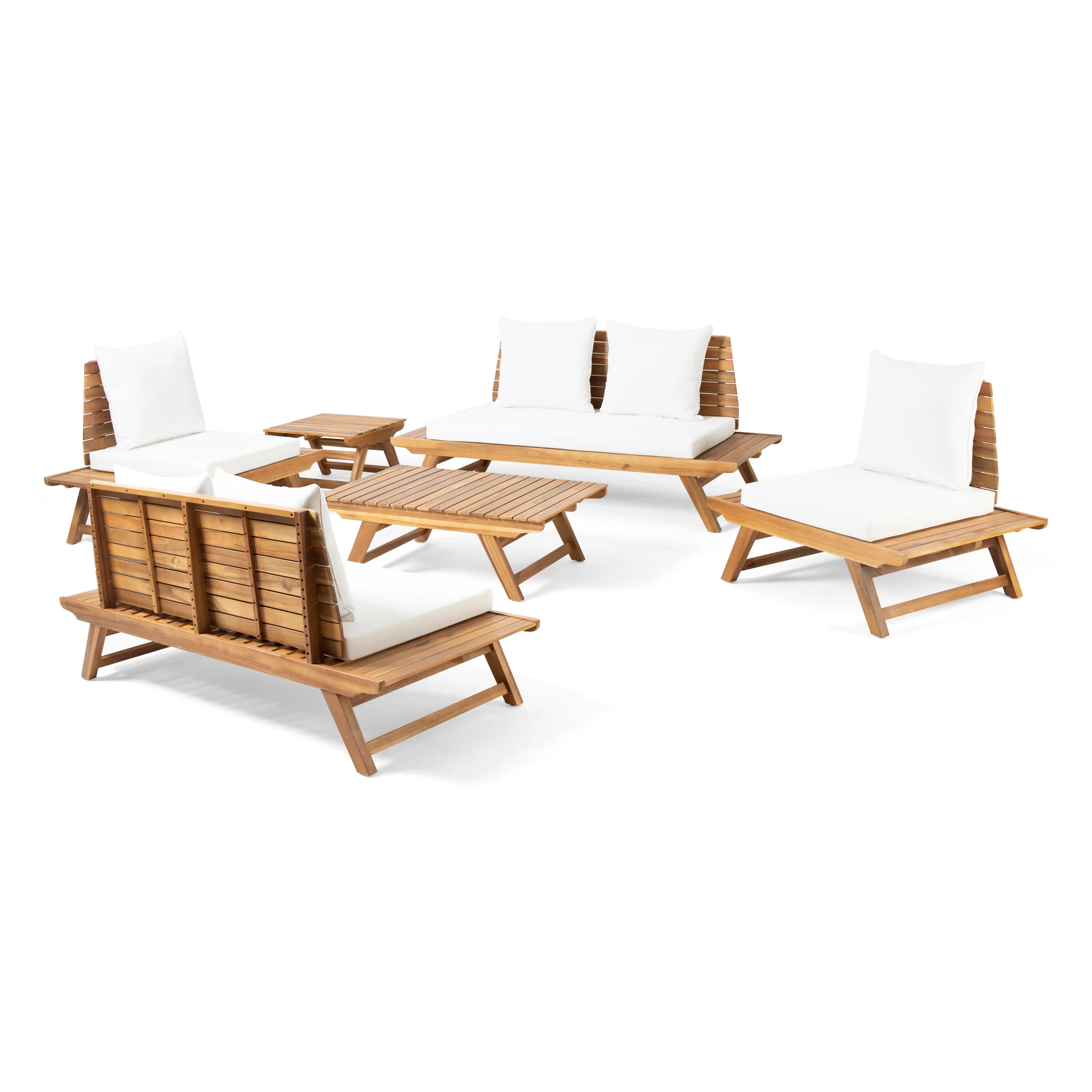 Kaiya Outdoor Acacia Wood 6 Seater Chat Set with Side Table and Coffee Table - furnishings