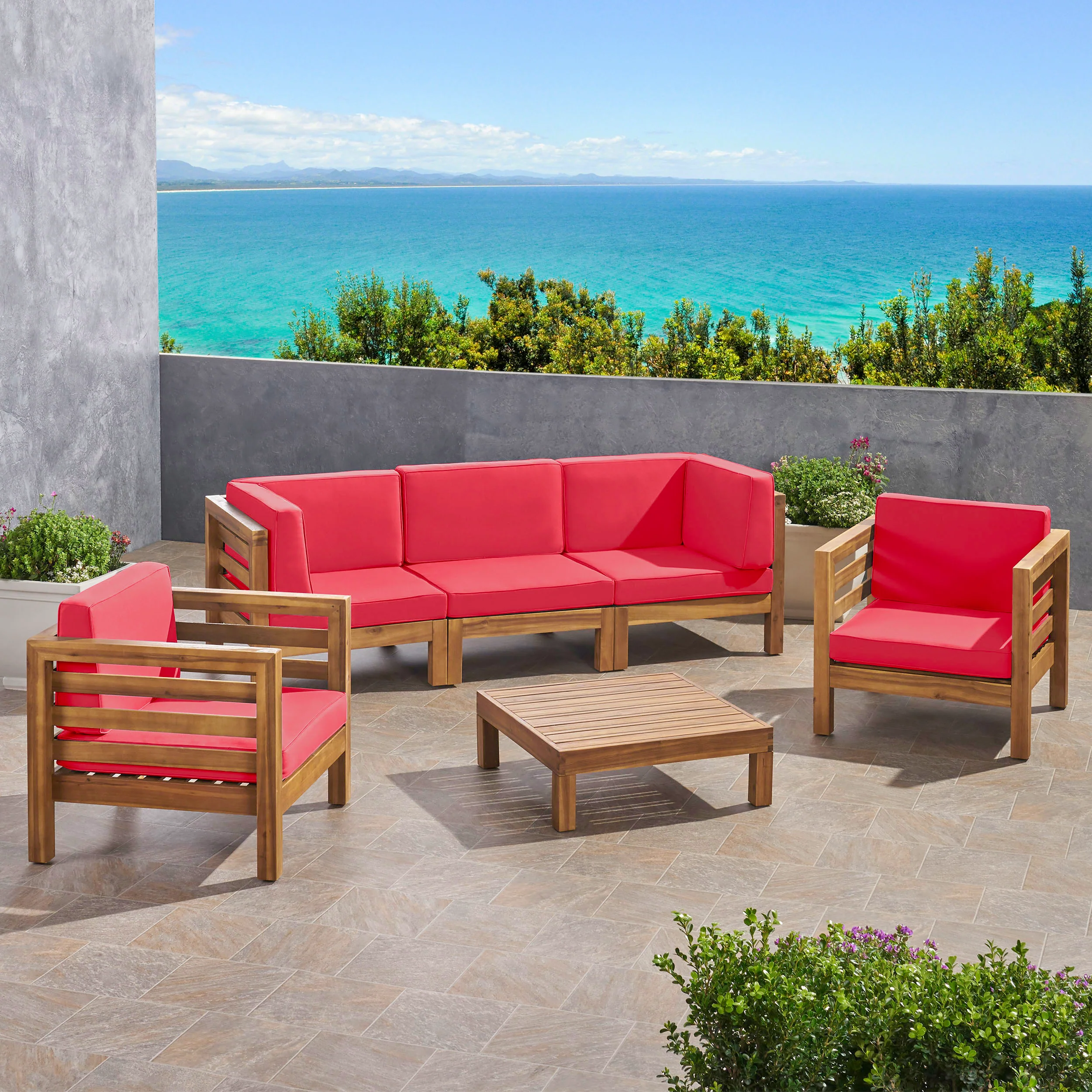 Emma Outdoor 5 Seater Acacia Wood Sofa Chat Set - furnishings