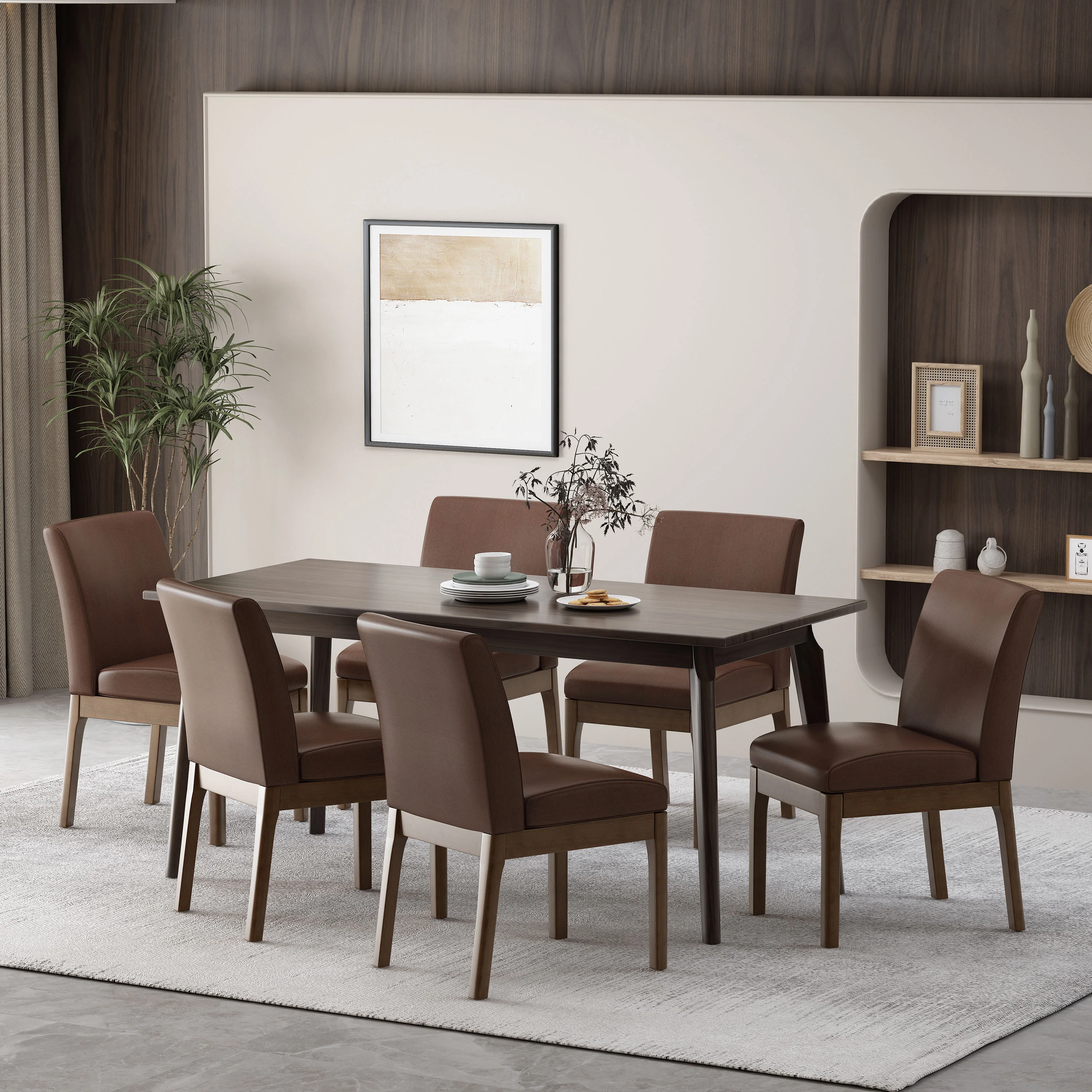 Hampton Mid Century Modern Upholstered Dining Chairs, Set of 6, Dark Brown Faux Leather and Walnut - furnishings