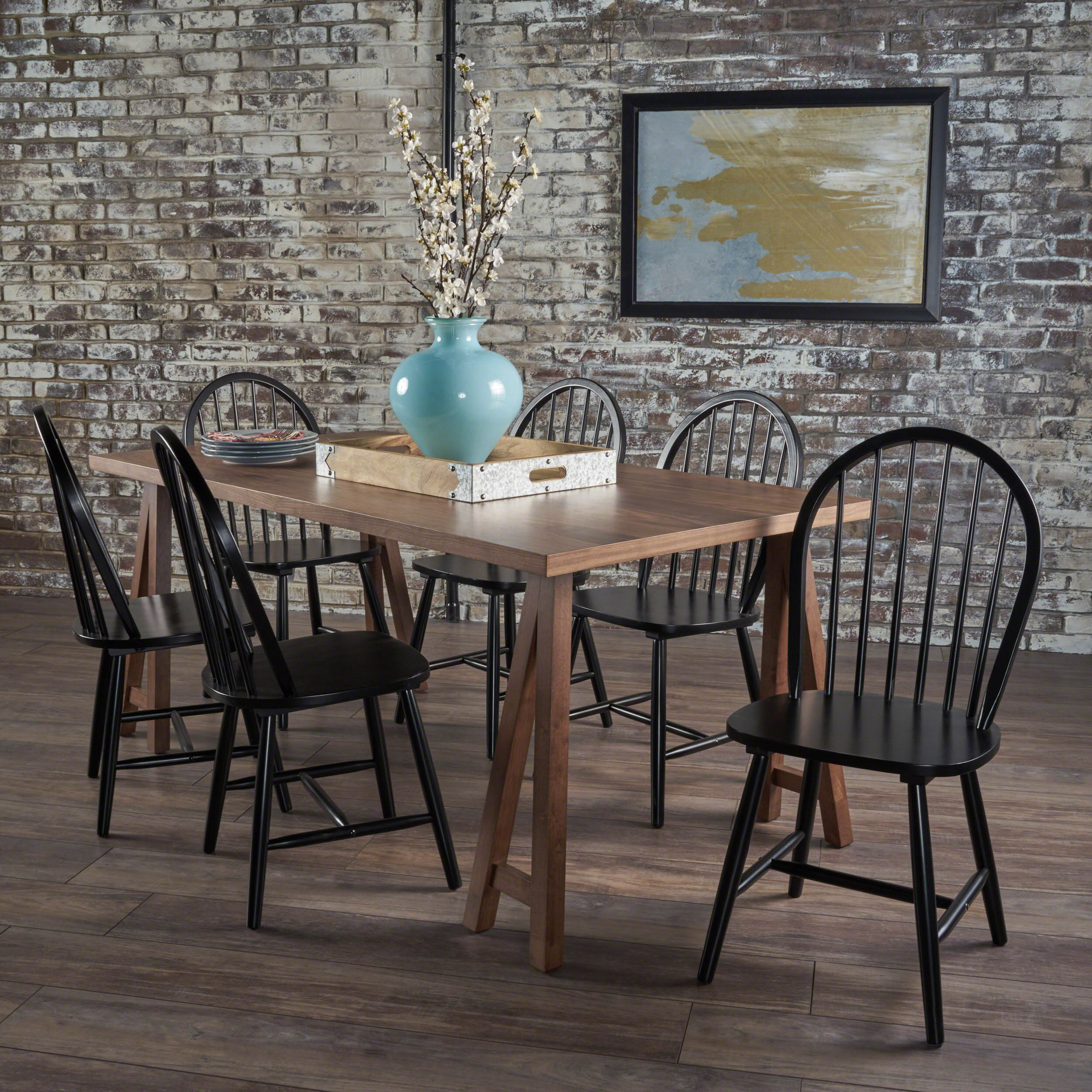 Angela Farmhouse Cottage 7 Piece Faux Wood Dining Set with Rubberwood Chairs - furnishings