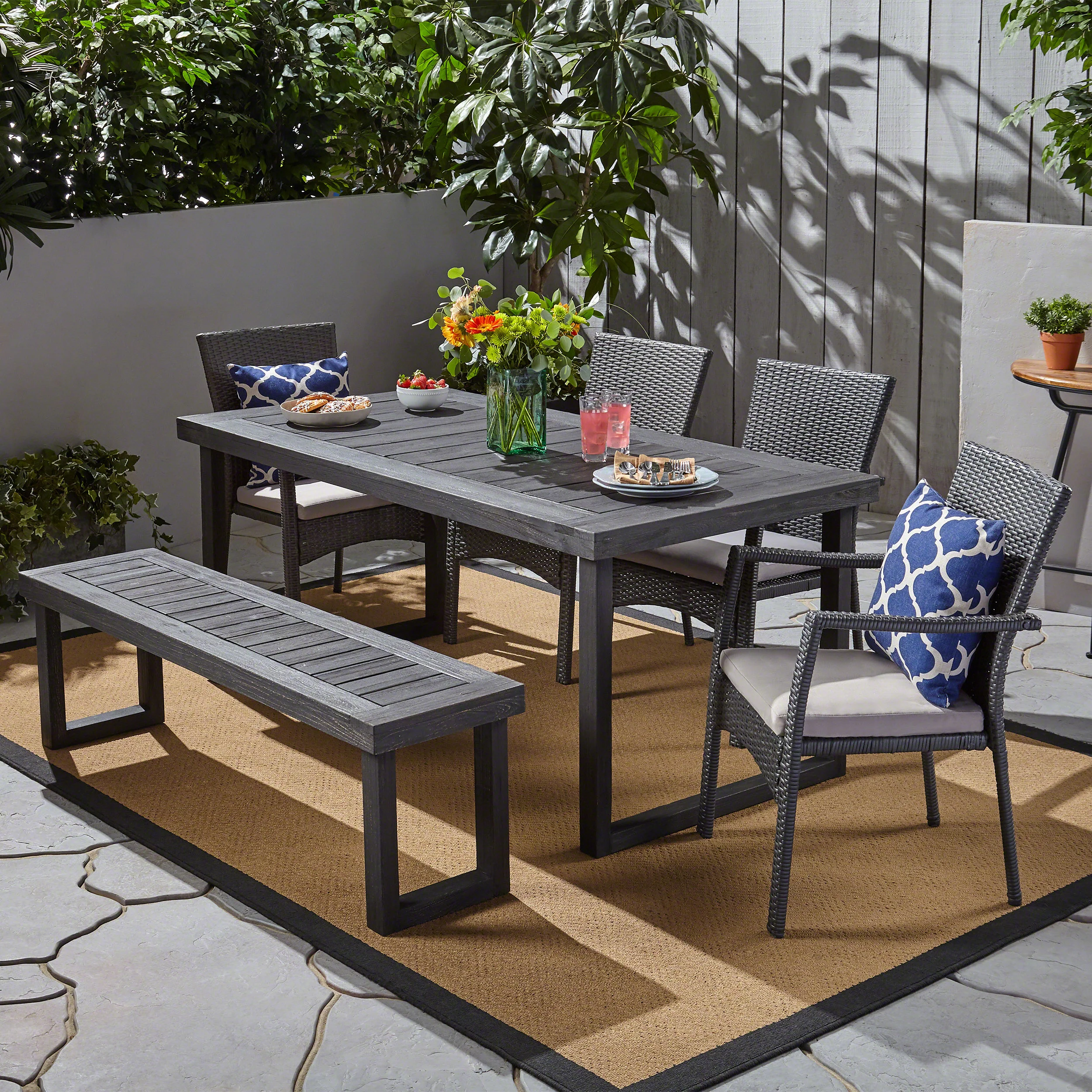 Dawn Outdoor 6-Seater Wood and Wicker Chair and Bench Dining Set - furnishings