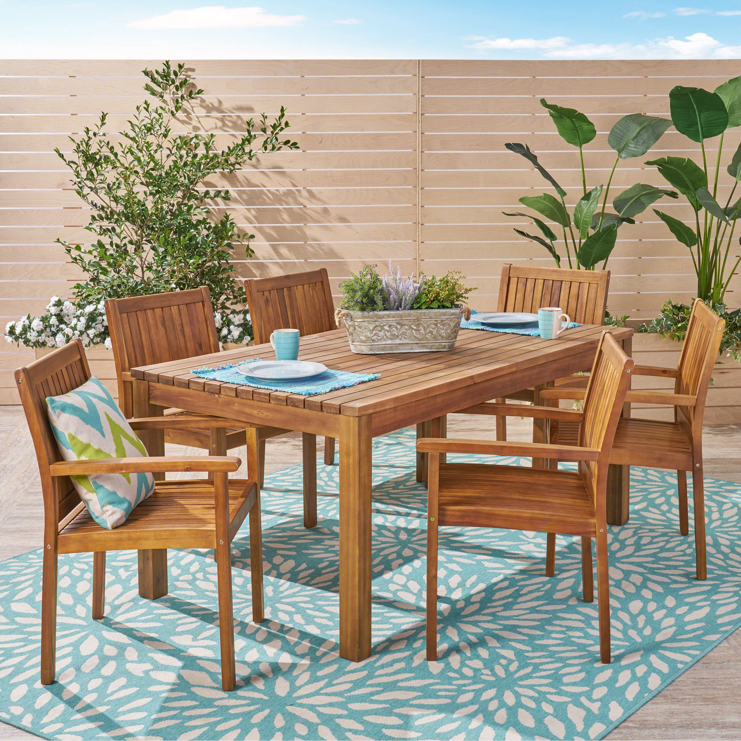 Will Outdoor 7 Piece Acacia Dining Set, Teak Finish - furnishings